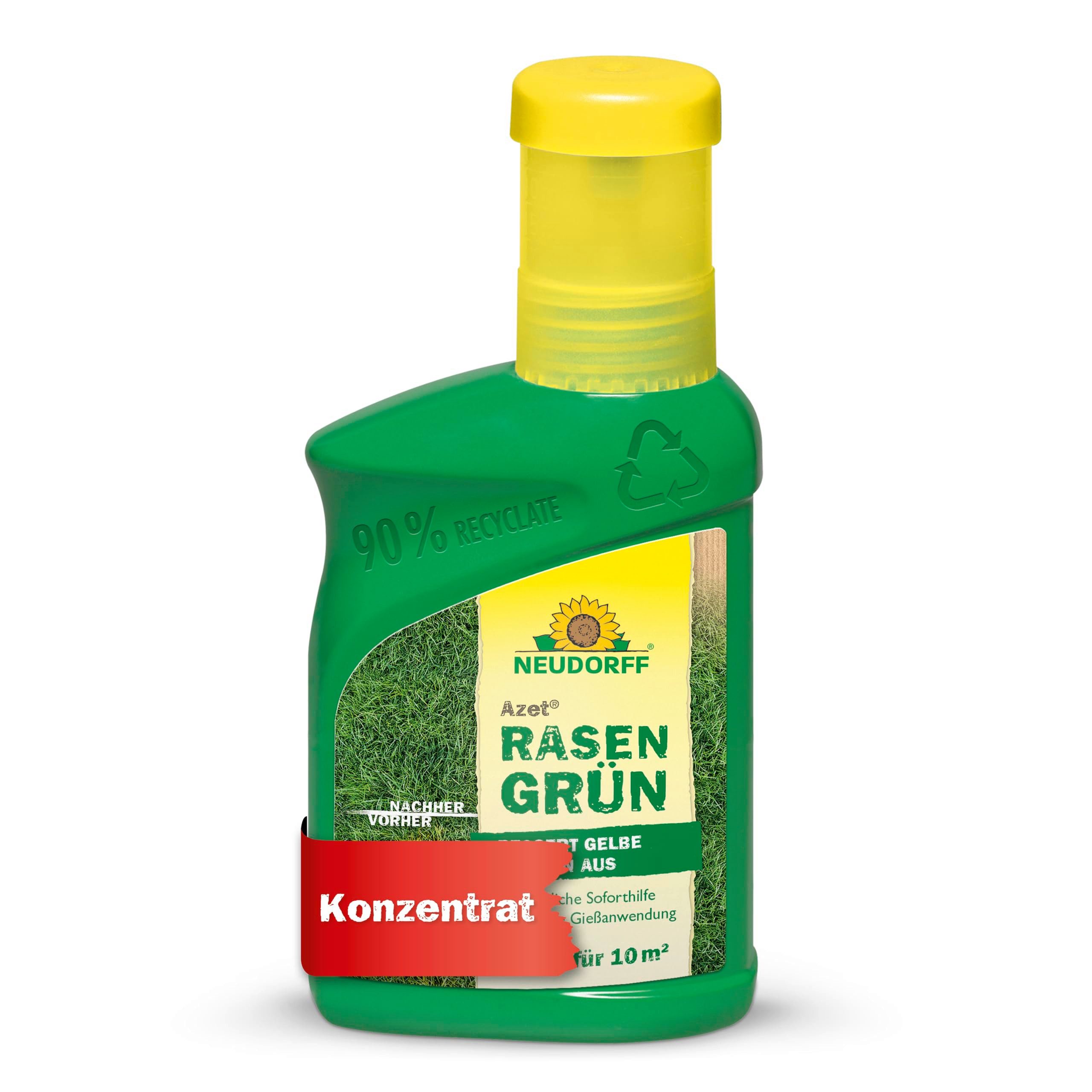 Neudorff Rasendünger Azet Rasengrün 250 ml, Frischt gelblich verfärbte Stellen im Rasen innerhalb von 4 Tagen wieder sattgrün auf, Flüssiger Rasendünger mit Eisen für schnelle Grünfärbung