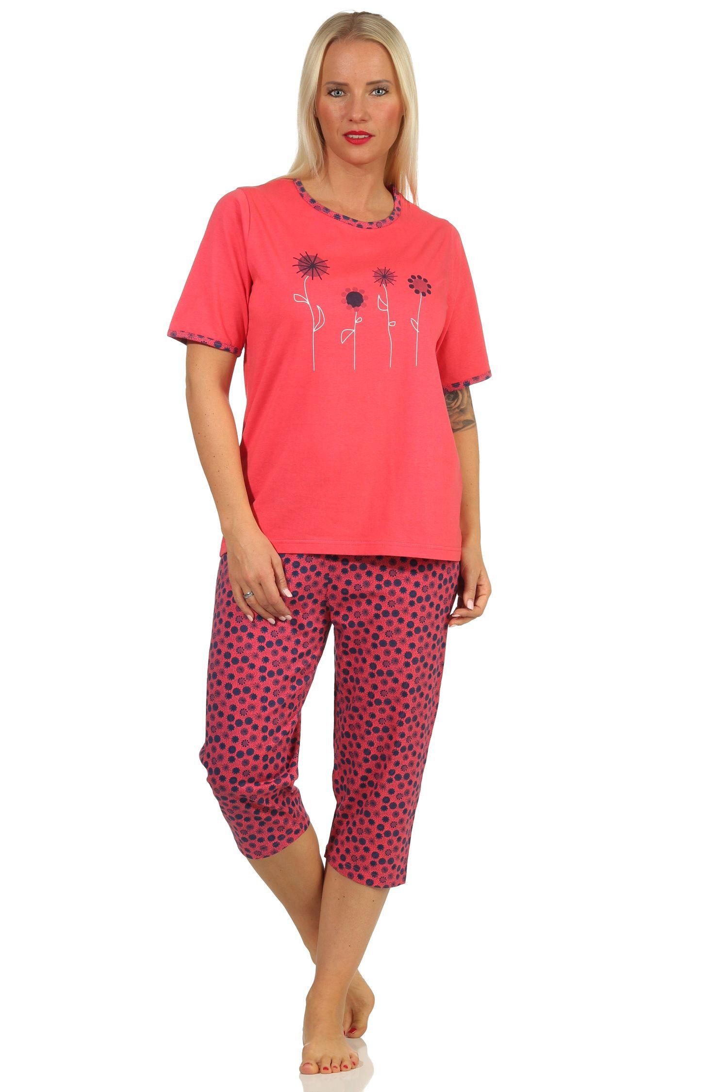 RELAX by Normann Pyjama Damen kurzarm Capri Schlafanzug in floraler Optik und Capri Hose pink