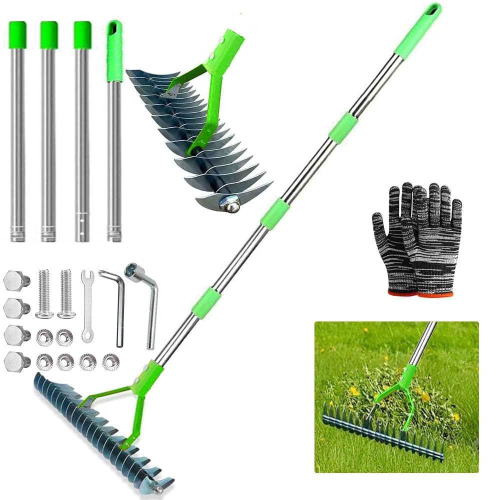 Agger Rechenbesen Vertikutierer Rechen mit Stiel 165cm, Metall Schneidrechen Garten, Abnehmbar, Verstellbarer Vertikutierrechen, Handvertikutierer