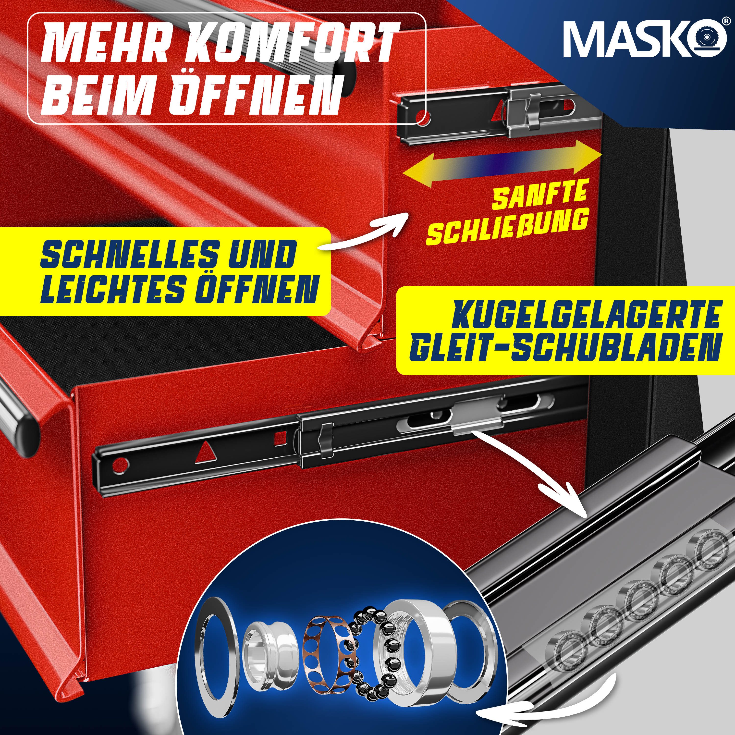 MASKO Werkstattwagen, rot, Werkzeugwagen inklusive Koffer 9 Fächer Abschließbar Metall Rollwagen