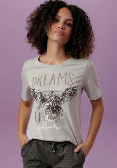Aniston CASUAL T-Shirt Frontdruck mit Pailletten verziertem Adler, glänzendem Foliendruck und Schriftzug