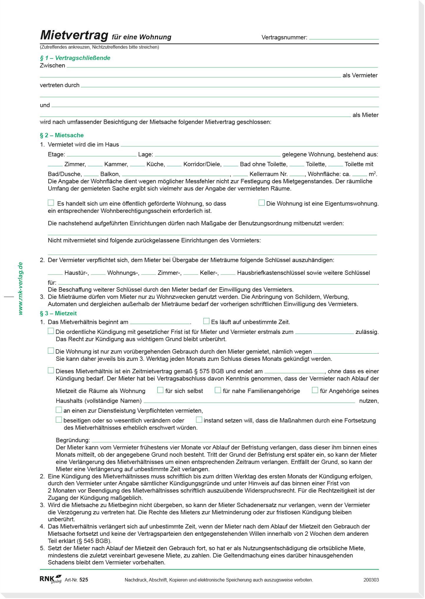 RNK Verlag Formularblock Wohnungs-Mietvertrag A4 ausführlich VE=10 Stück