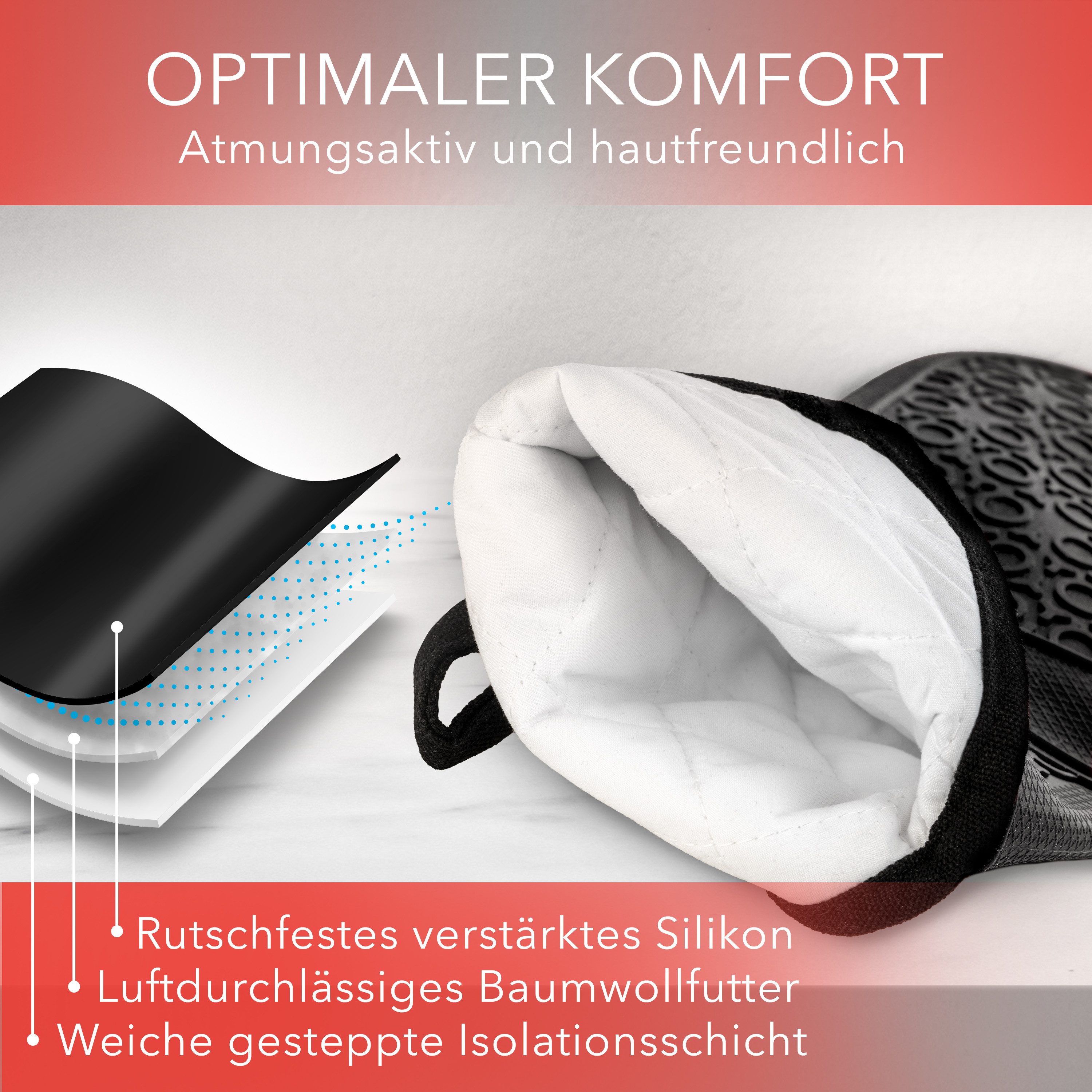 AVANA Topfhandschuhe Silikon Ofenhandschuhe Backhandschuhe Kochhandschuhe, (1 Paar Ofenhandschuhe aus Silikon), weiches Baumwoll-Innenfutter, Anti-Rutsch, Hitze – Bild 4 von 5