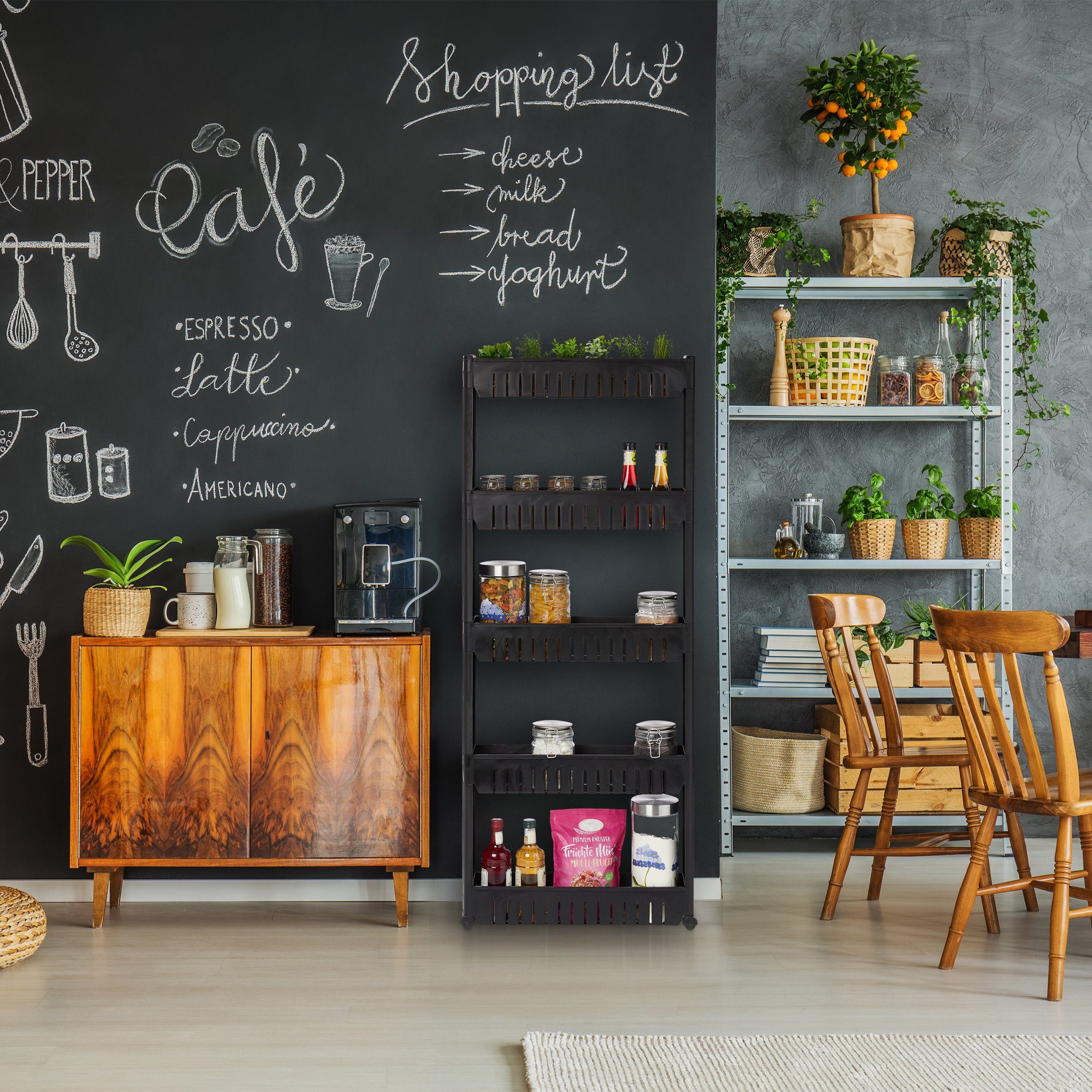 relaxdays Küchenregal Schmaler Nischenwagen mit 5 Ablagen, schwarz günstig online kaufen