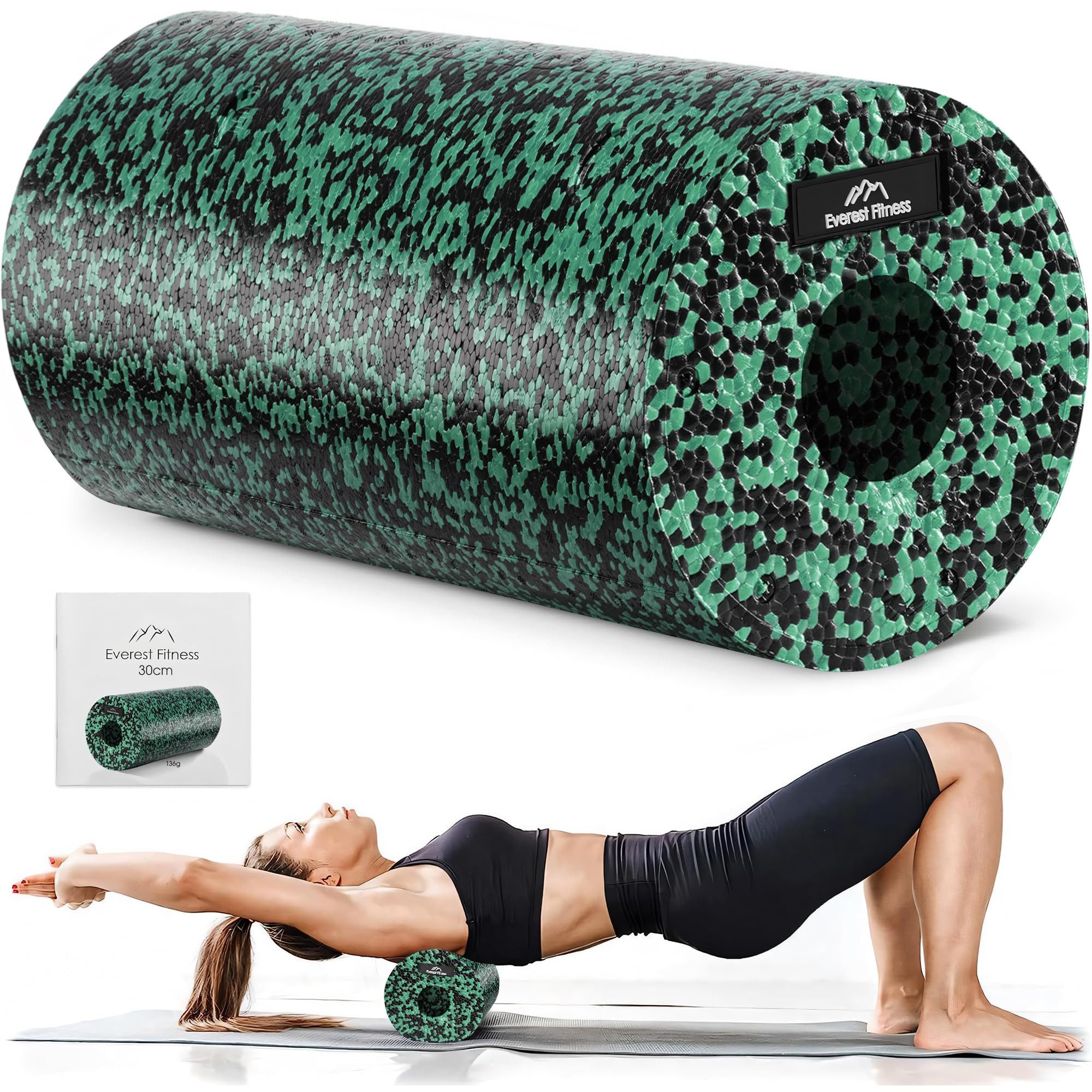 EVEREST FITNESS Fitnessrolle Faszienrolle Wirbelsäule 30cm mittel-hart Faszienrolle Rücken Beine (1-tlg), Massagerolle Rückenrolle Pilatesrolle Foam Roller Schwarz/Grün