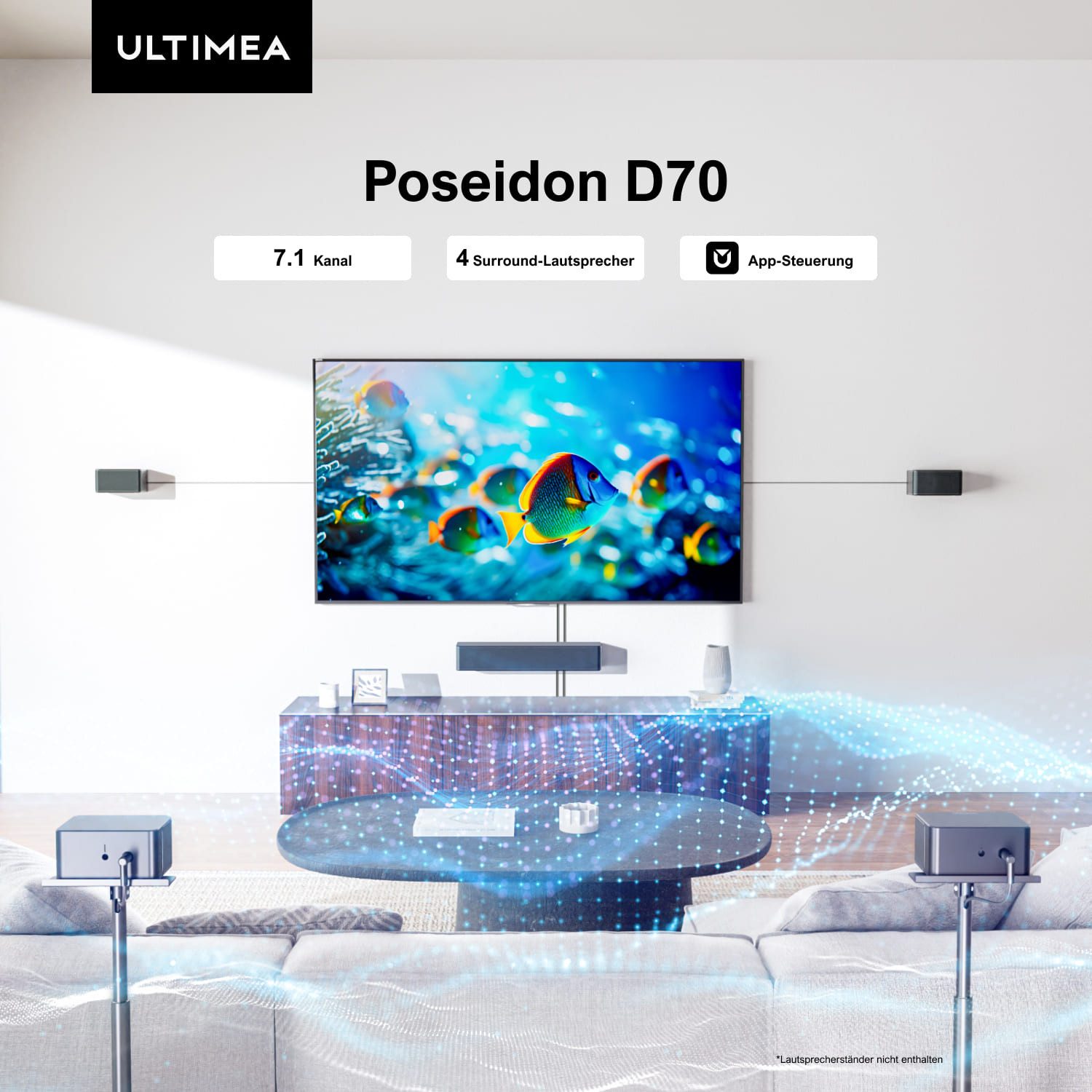 Ultimea Poseidon D70 Soundbar 7.1 Virtual Surround Sound (6,5'' kabelloser Subwoofer für TV, 410 W, 4 kabelgebundene Surround-Lautsprecher, App-Steuerung)