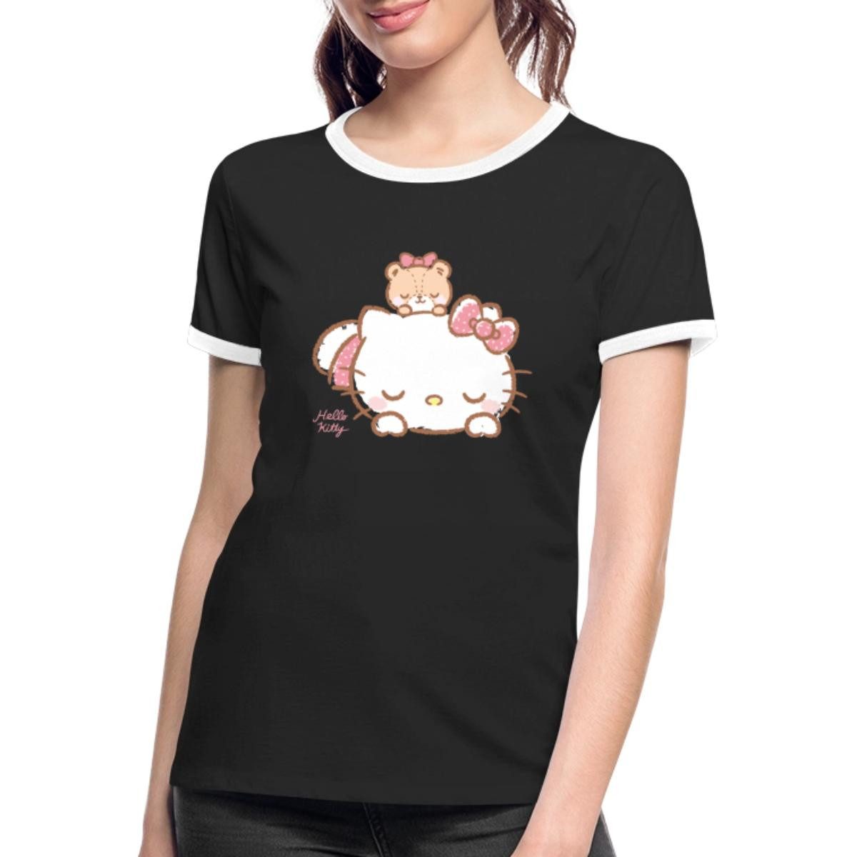 Spreadshirt T-Shirt Hello Kitty Mit Teddy Auf Dem Rücken Frauen Kontrast T-Shirt (1-tlg)