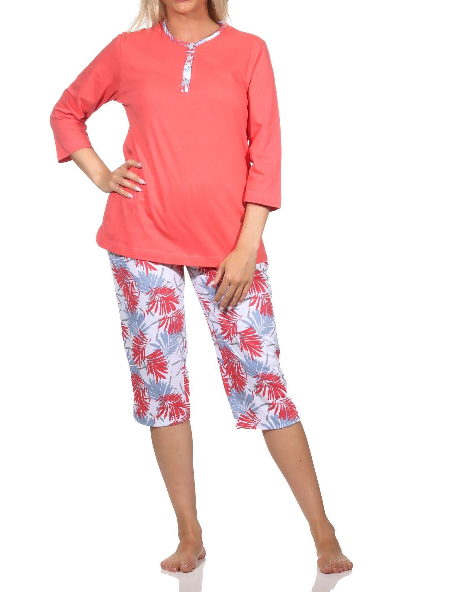 Pyjama Damen kurzarm Pyjama Shorty mit Caprihose in floralem Print