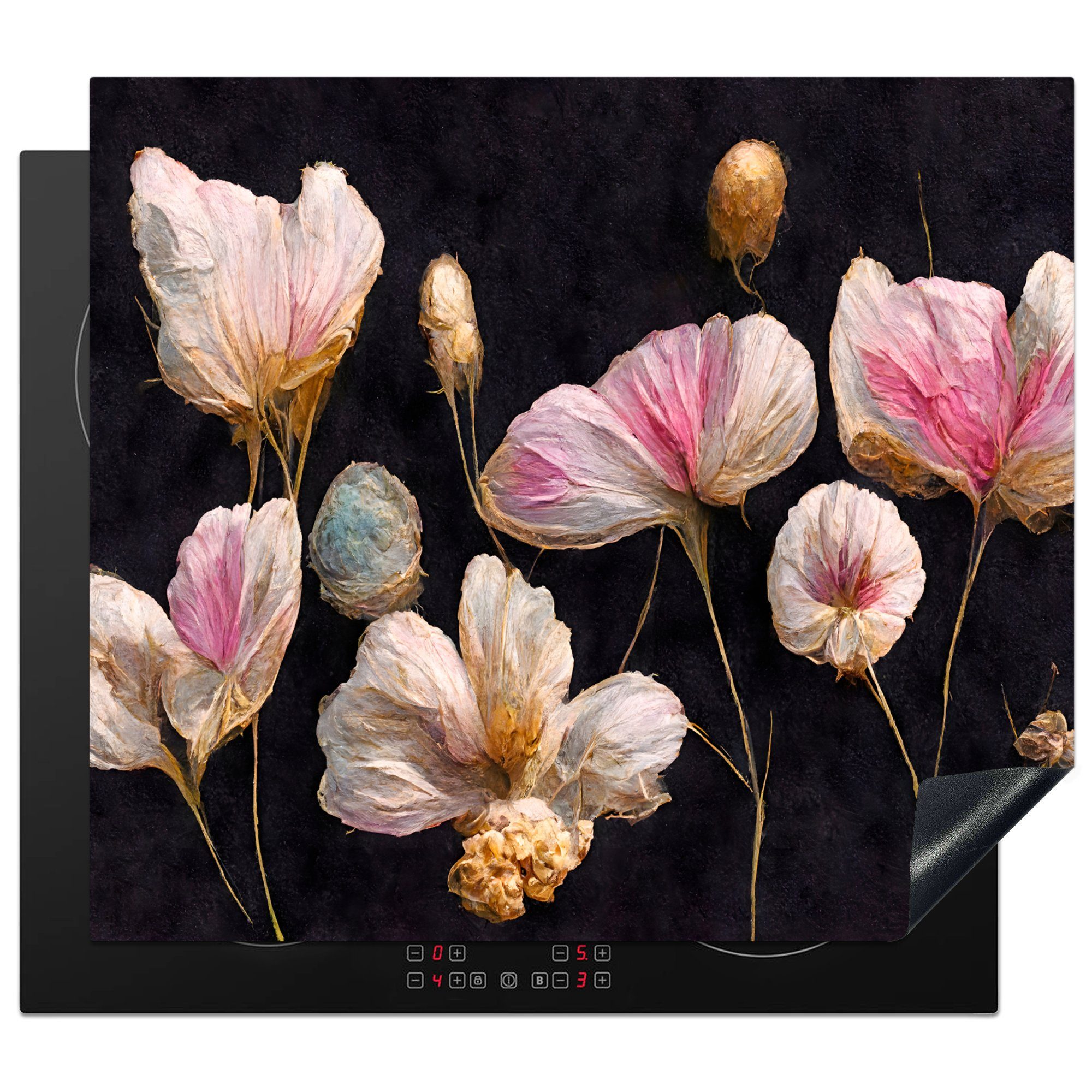MuchoWow Herdblende-/Abdeckplatte Blumen - Pflanzen - Rosa - Schwarz, Vinyl, (1 tlg), 60x52 cm, Mobile Arbeitsfläche nutzbar, Ceranfeldabdeckung