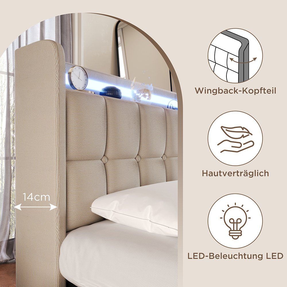 Polsterbett (Stauraumbett mit Lattenrost), Einzelbett 90x200cm mit LED-Beleuchtung, Ladefunktion und 2 Schubladen