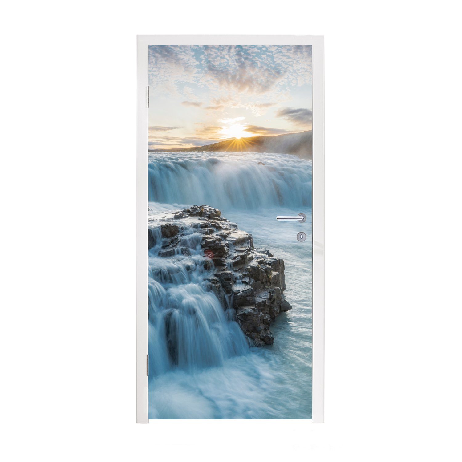 - Sonne Natur, bedruckt, (1 Fototapete MuchoWow Wasser - Steine Matt, St), 75x205 Türaufkleber, Wasserfall - Tür, cm für Türtapete -