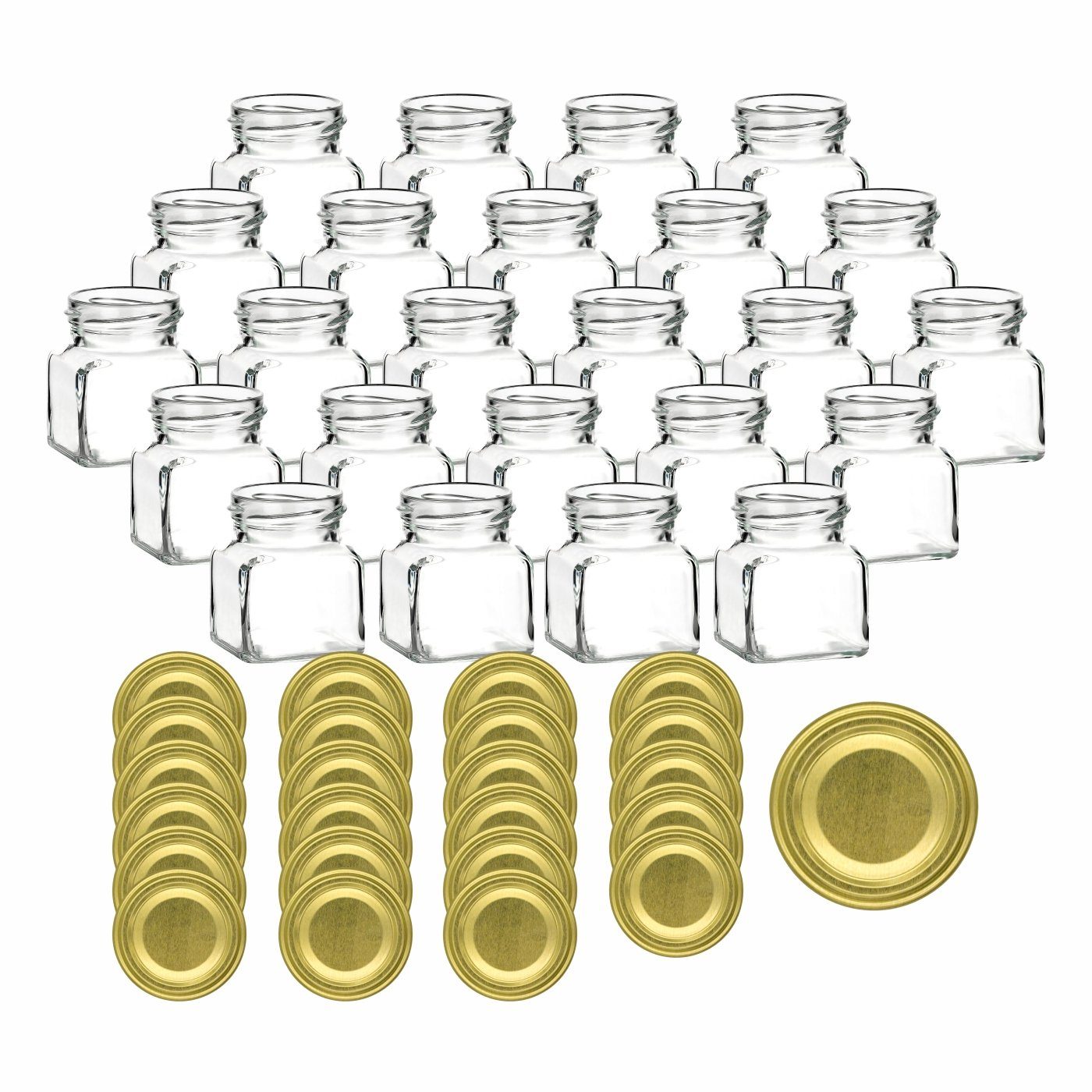 gouveo Vorratsglas Einmachgläser 120 ml eckig mit Schraub-Deckel - Kleine Vorratsgläser, (24-tlg), Goldfarben