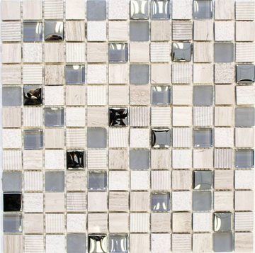 Mosani Mosaikfliesen Glasmosaik Naturstein Mosaik hellgrau silber matt / 10 Matten