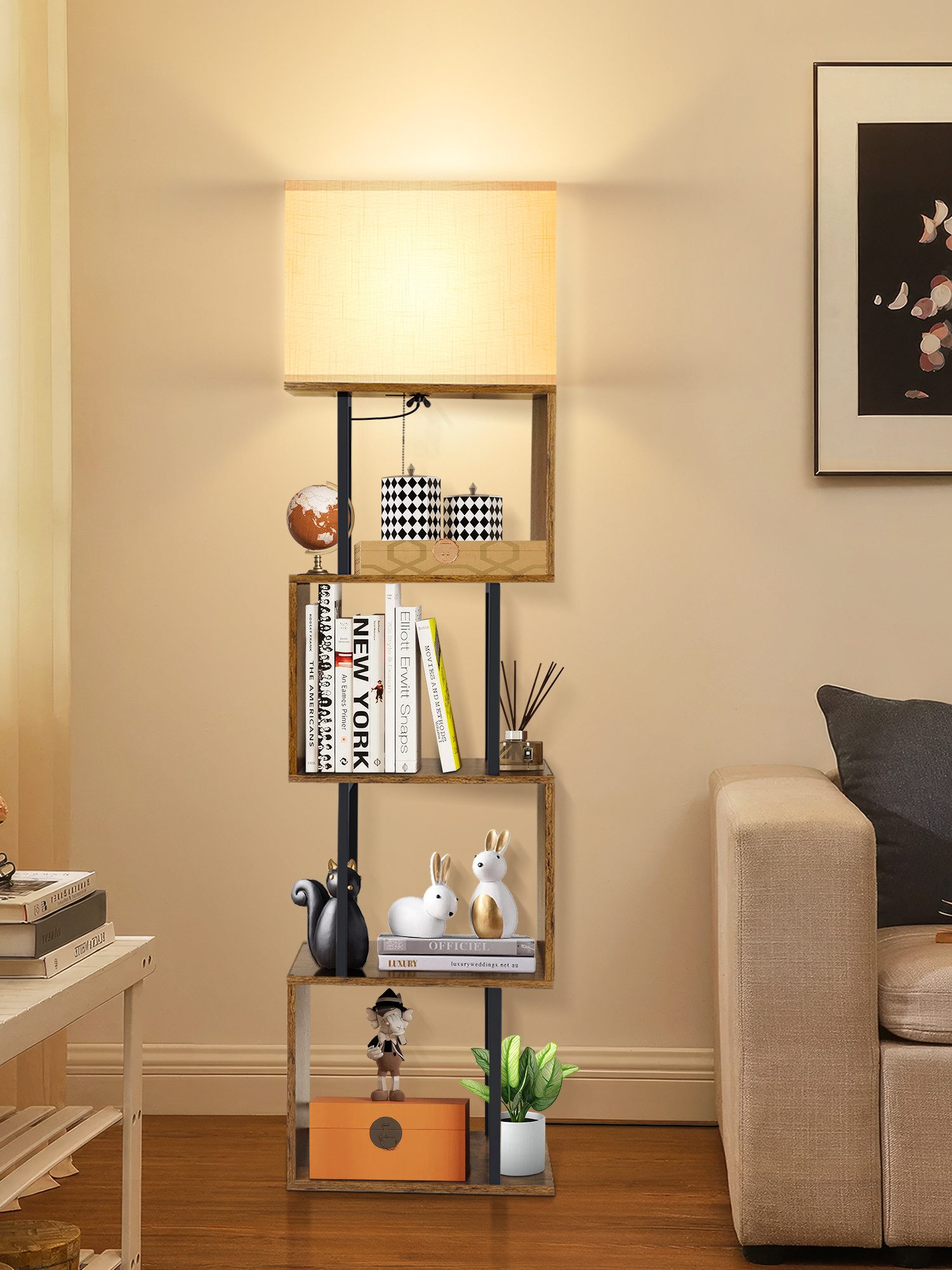 OUTON Stehlampe S-förmiges Bücherregal mit Beleuchtung, 4 Ebenen, Fernbedienung, 3000K-6000K, gelb/schwarz
