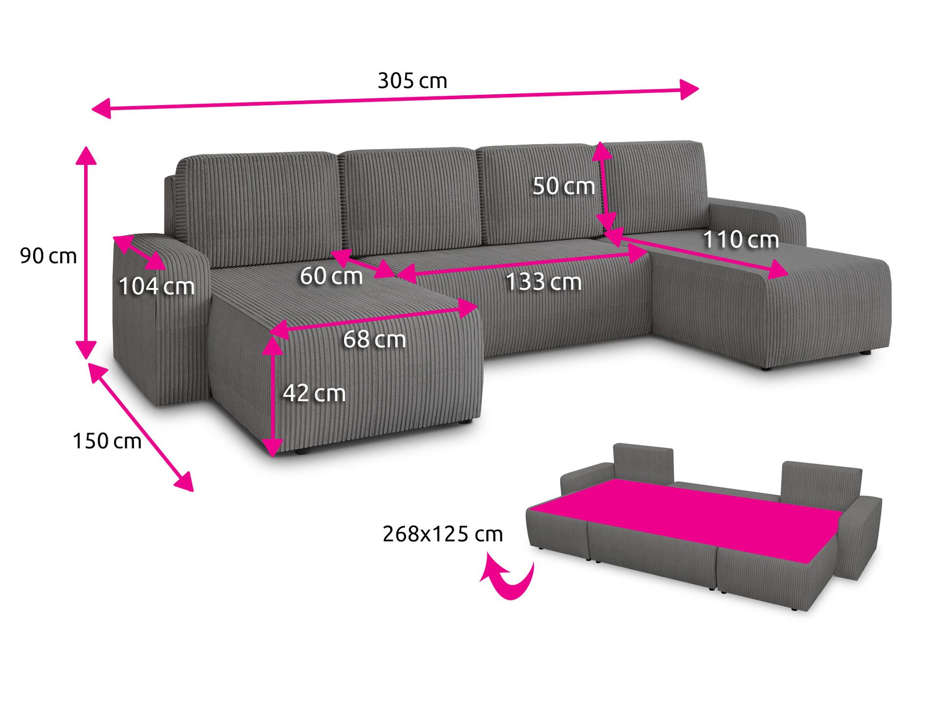 Sofnet Wohnlandschaft Roma U, mit Schlaffunktion und Bettkasten, U-Form Couch, Cord Stoff, Schlafsofa mit Wellenfeder