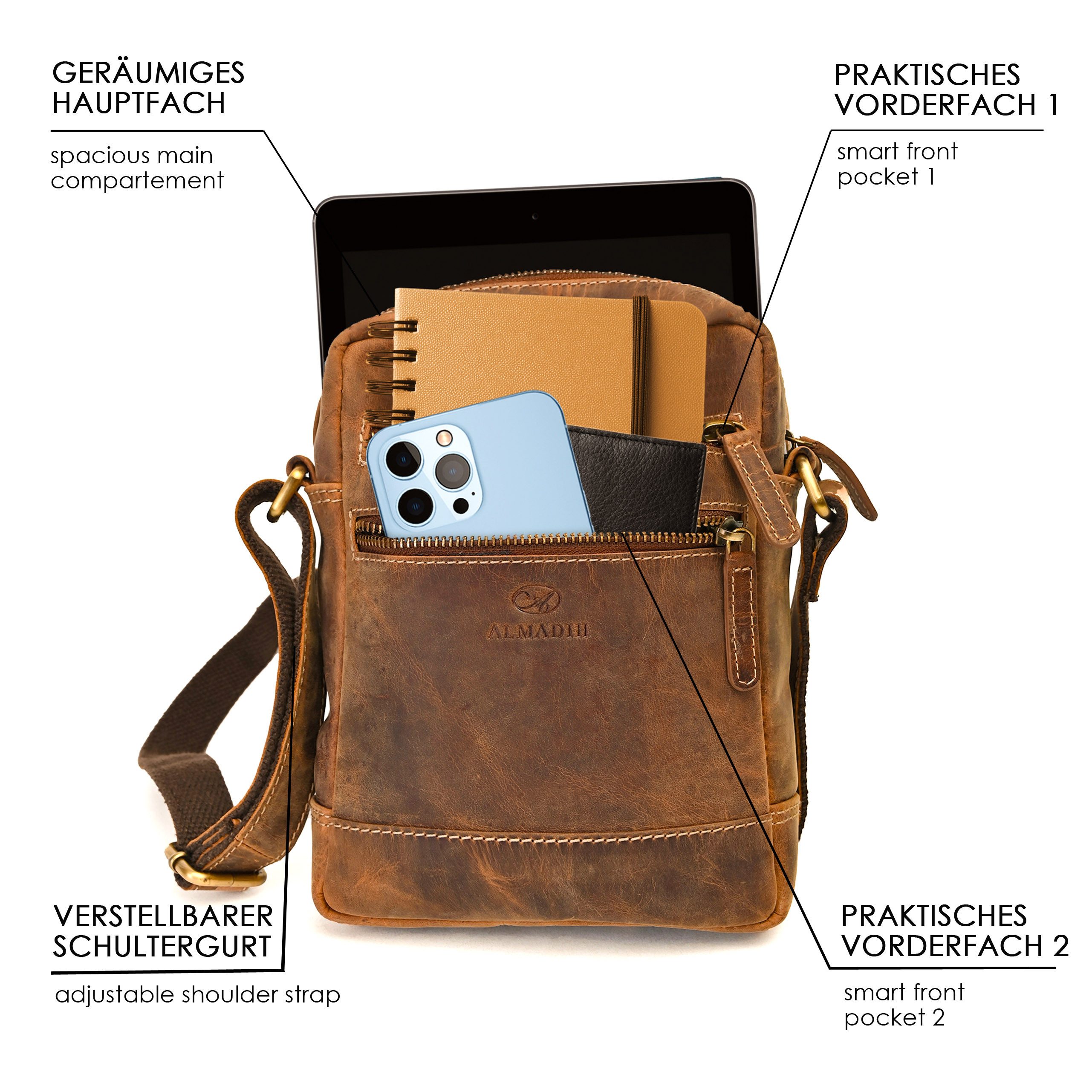 ALMADIH Umhängetasche Leder Herren LEON Kompakte Ledertasche für Reisen & Alltag . – Bild 3 von 5