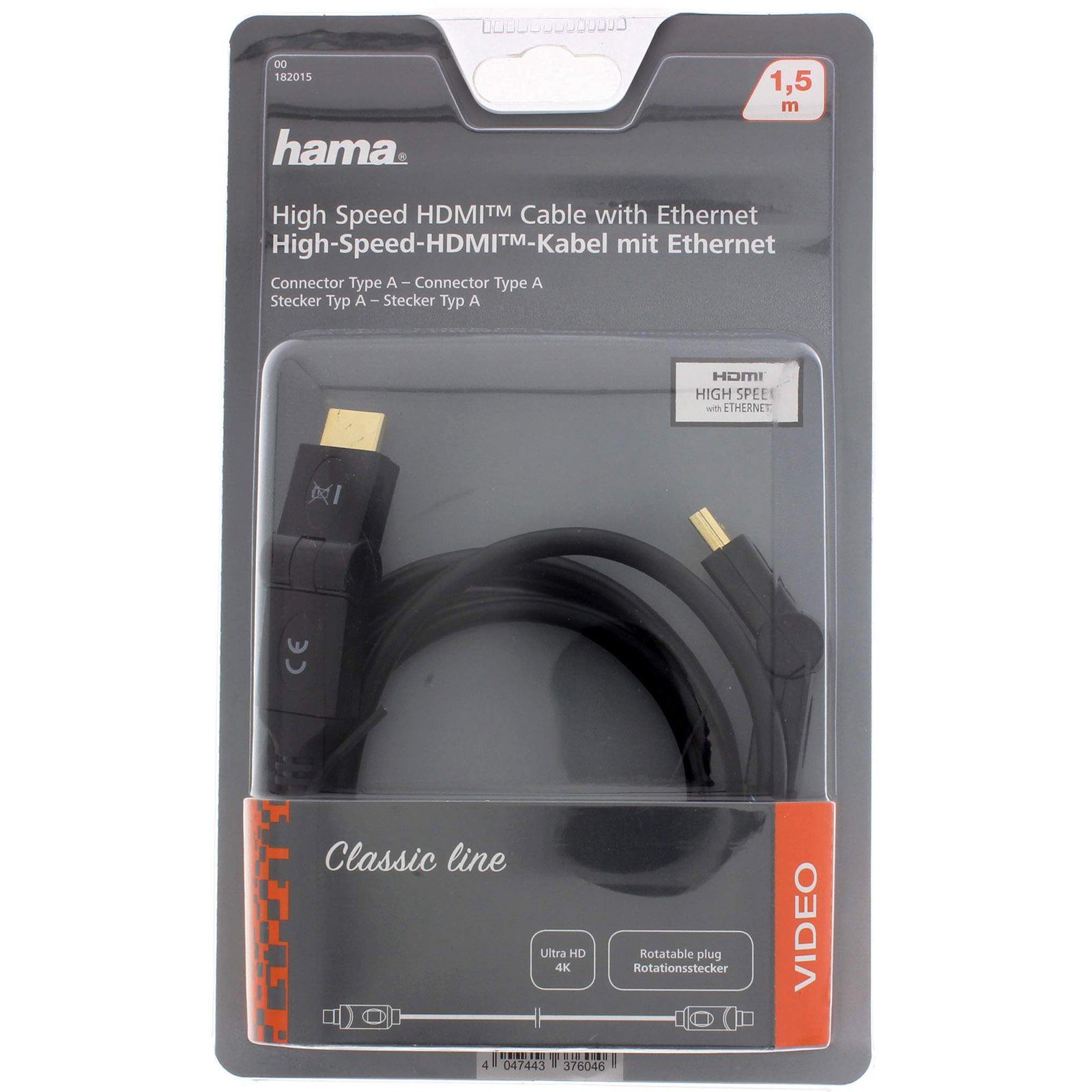 schwenkbar, Rotation Kabel Hama - HDMI-Kabel, geschirmt, & (150 ARC Vergoldetes 180° cm), HDMI, 180° 1,5 voll Typ HDMI A, Unterstützt m Ethernet 4K