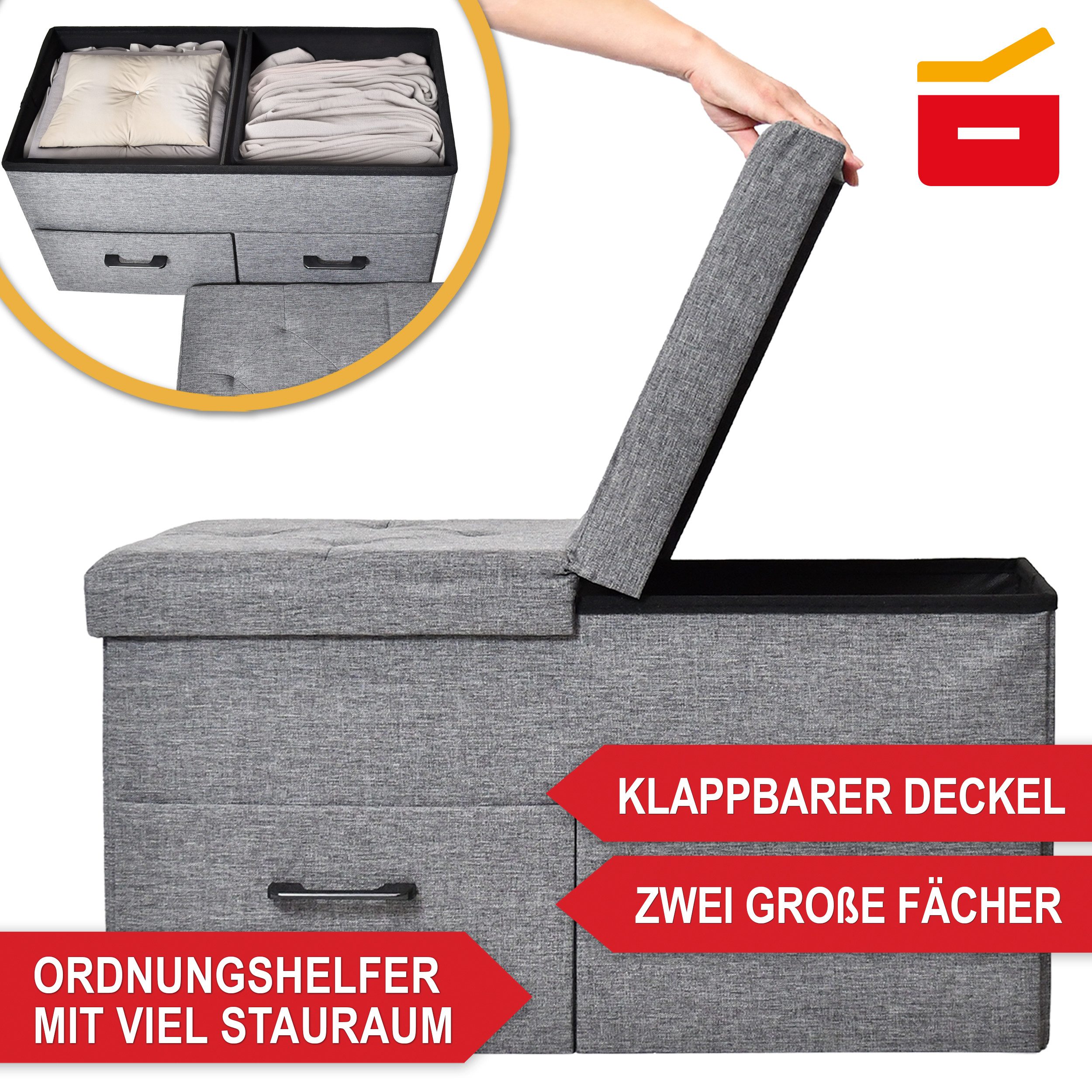 Onbest Sitzbank mit Stauraum gepolstert, 2 Schubladen, bis 110 kg, klappbarer Deckel, Leinenoptik