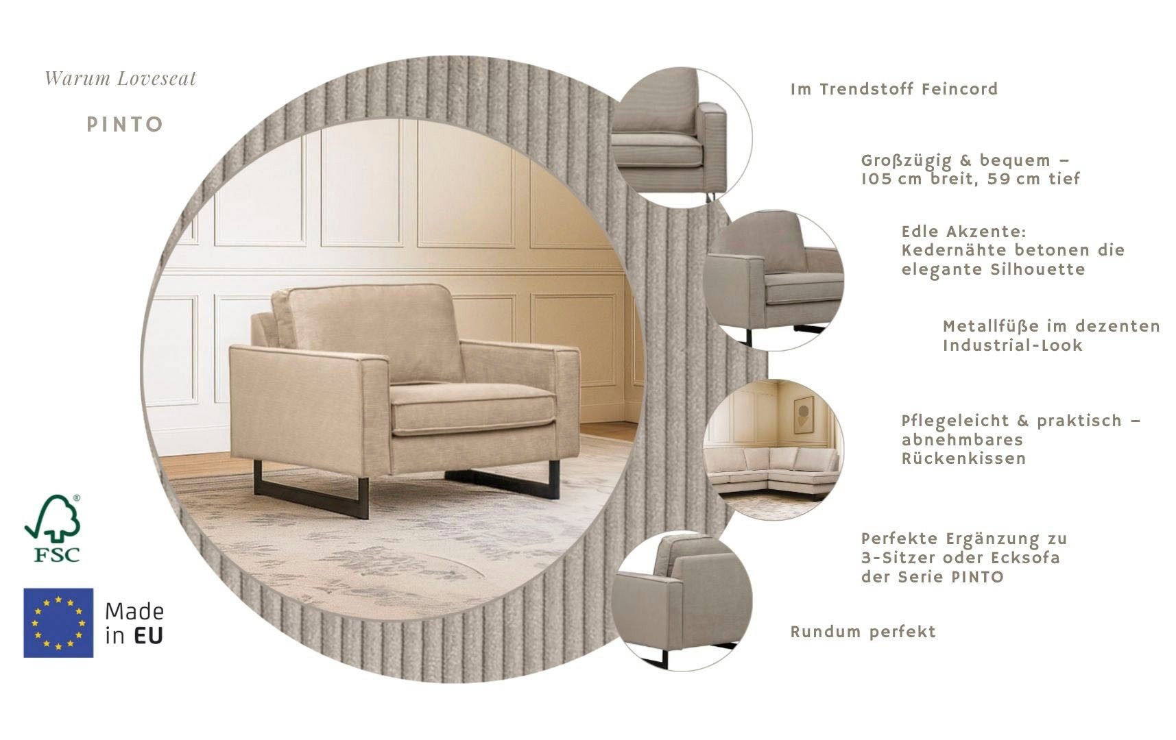 Home affaire Loveseat Pinto 105 cm, Cord, Chenille, Lederoptik, mit Keder, Metallfüßen und auch in Cord Bezug erhältlich