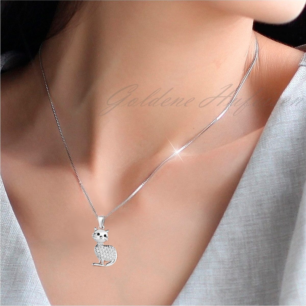Goldene Hufeisen Kette mit Anhänger Halskette Silber Katze 925 Sterling Zirkonia Anhänger mit Kette Kater, 925 Sterling Silber Silberschmuck für Damen, mit Zirkonia