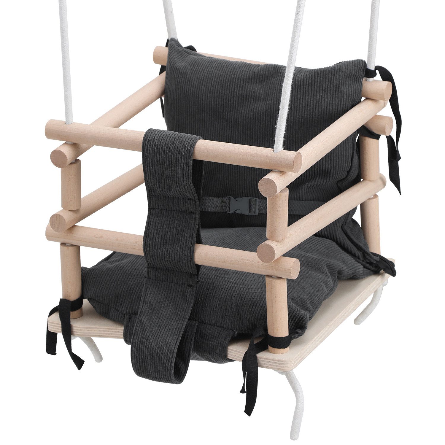Clanmacy Babyschaukel Kinder Holzschaukel mit grauem Kissen und verstellbaren Seilen