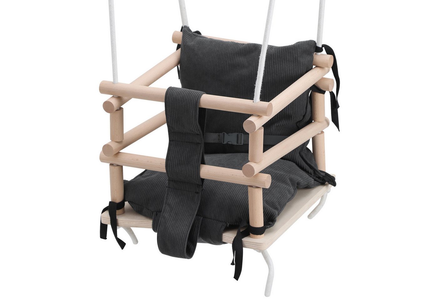 Clanmacy Babyschaukel Kinder Holzschaukel mit grauem Kissen und verstellbaren Seilen