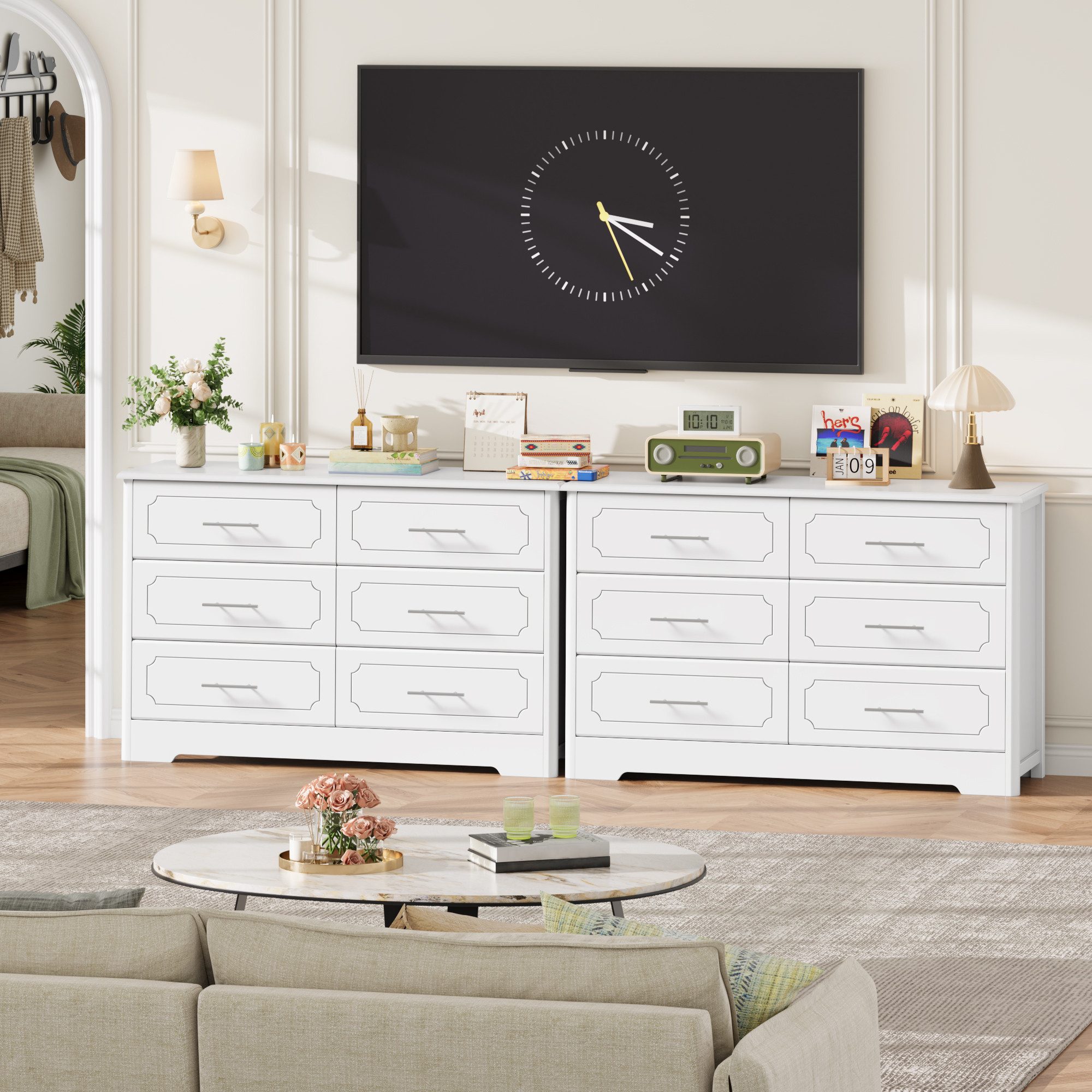 HOMECHO Kommode (2 St), Weiß 6 Schubladen, Moderner Schubladenschrank, 118x40x81cm