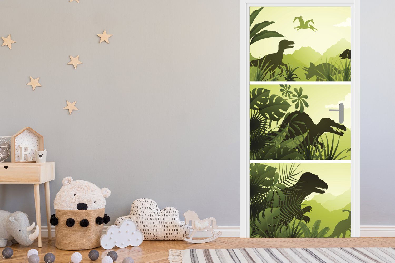 für Matt, bedruckt, Kinder - - Fototapete cm - Dinosaurier MuchoWow Tür, St), Kind, - Illustration Türtapete Dschungel Türaufkleber, (1 75x205