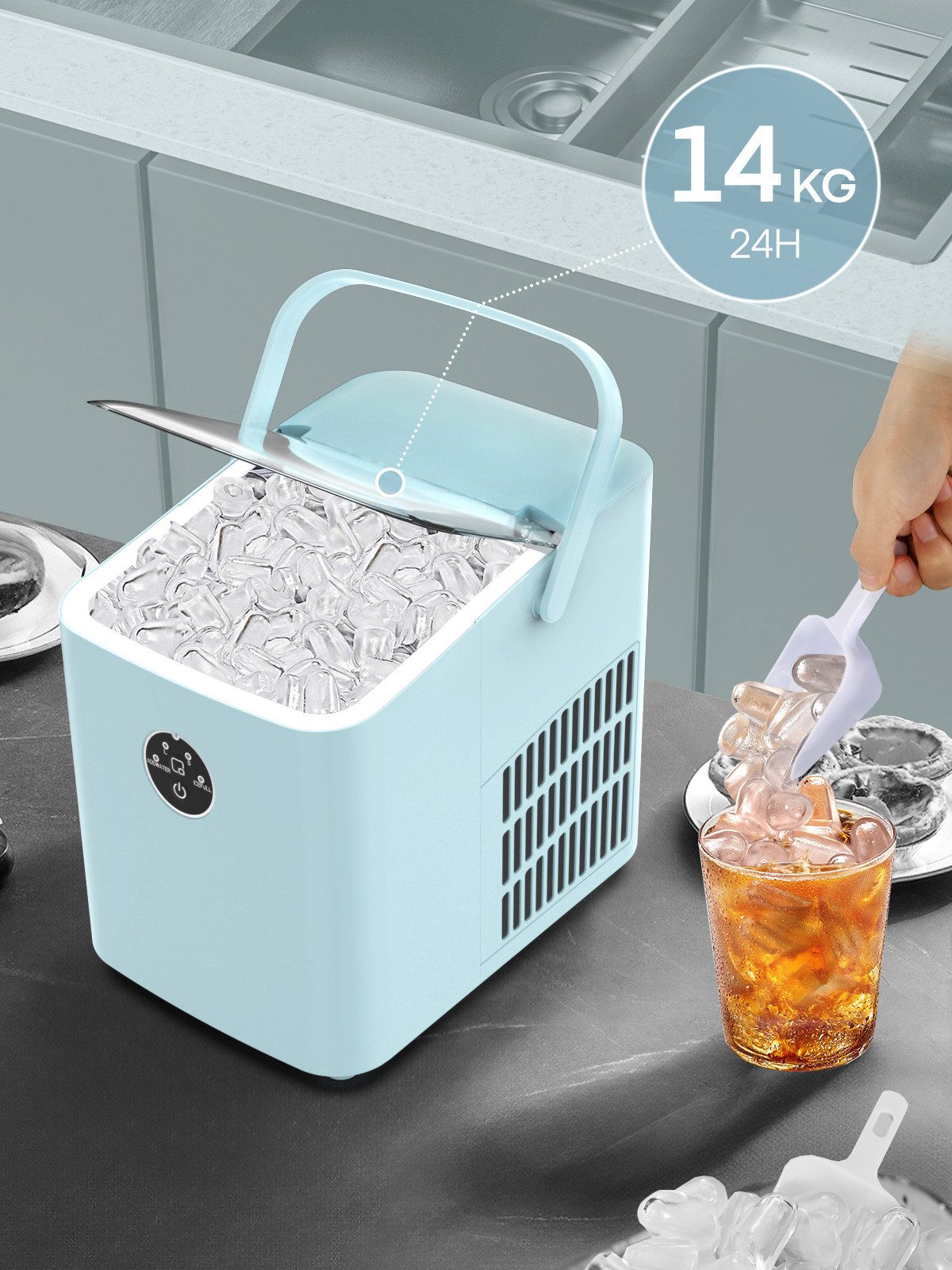 FOHERE Eiswürfelmaschine Klein, 14kg/24h, 6 Min. Eis, 2 Bullet Ice Größen, selbstreinigend, Party/Büro, blau