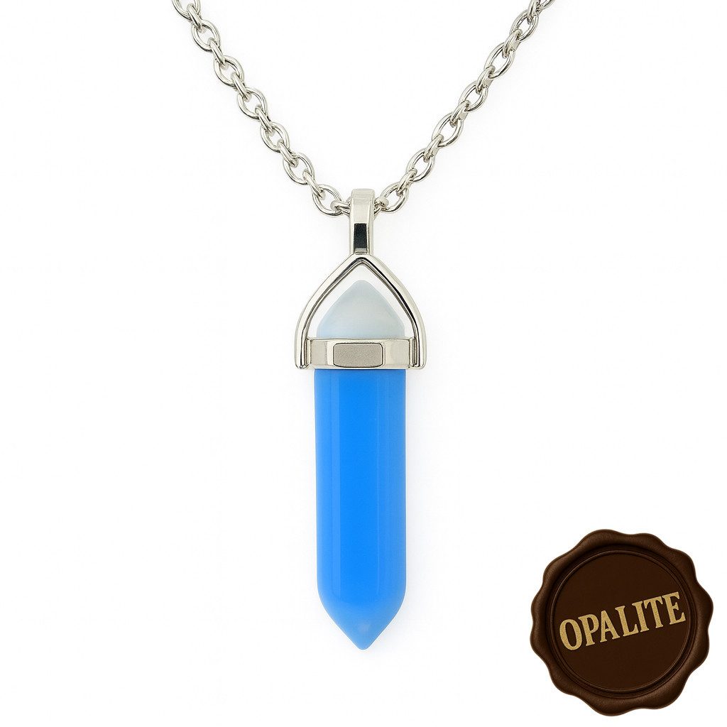 M-Punkt24 Kette mit Anhänger Halskette Opalite (Opalite Halskette Damen & Herren Edelstahl 45cm, TOP-DEAL, Geschenk im Beutel-Etui), Set mit Halskette, zu Kleid, Shirt,Jeans, Sneaker