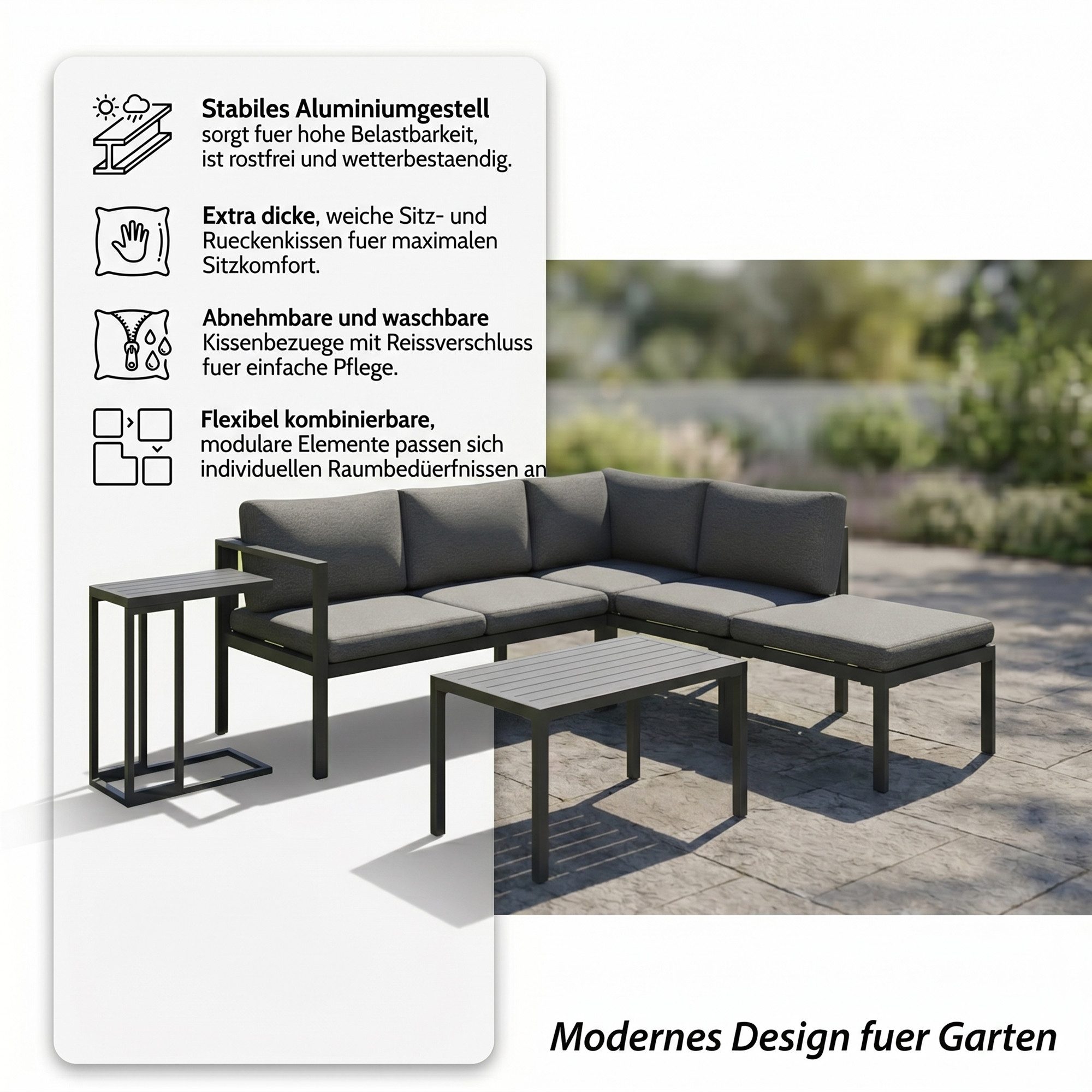 Mucola Sitzgruppe Ecksofa Aluminium Essgruppe wetterfest Ecklounge Beistelltisch Hocker, (UV-Beständigkeit, 5-tlg., Möbelset Anthrazit), Inkl. praktischen Beistelltisch, Hocker und wasserabweisenden Kissen