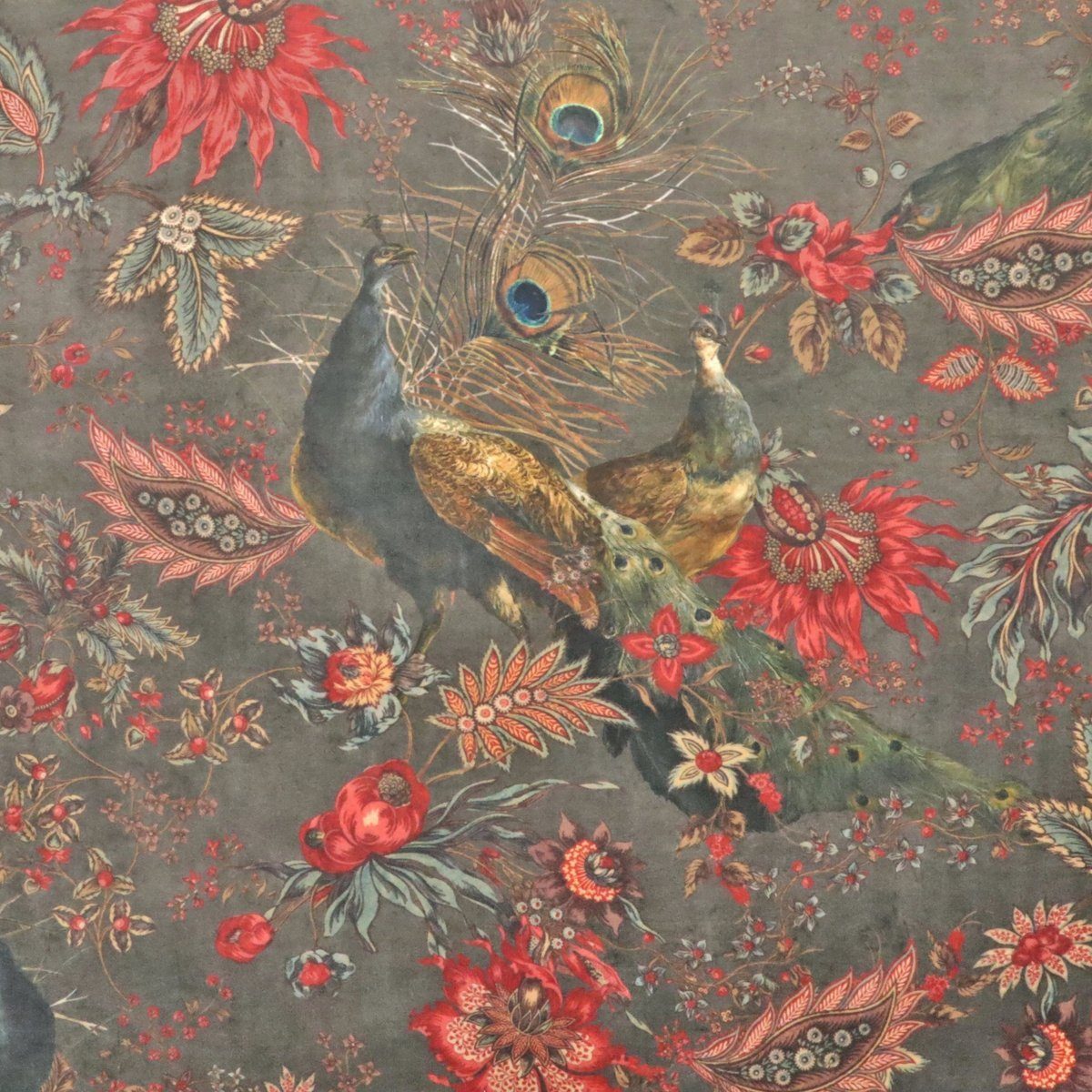 Stofferia Stoff Polsterstoff Samt-Digitaldruck Indian Peacock Taupe, Breite 140 cm, Meterware