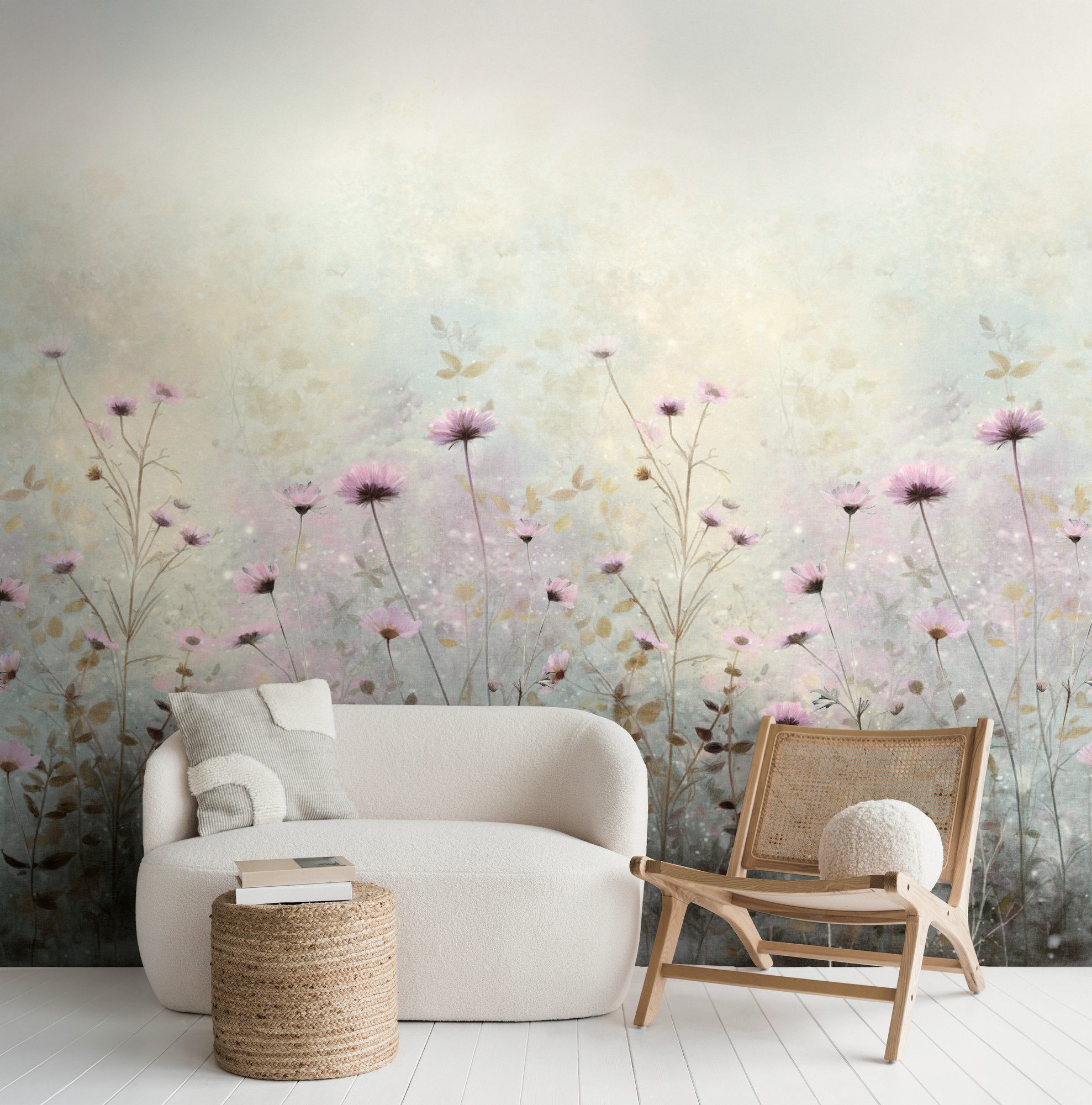 living walls Fototapete The Wall 4 Flowers – Filigrane Blumenwiese Vlies-Fototapete, leicht strukturiert, floral, matt, botanisch, (1 St), Filigrane Blumenwiese mit natürlicher Tiefenwirkung