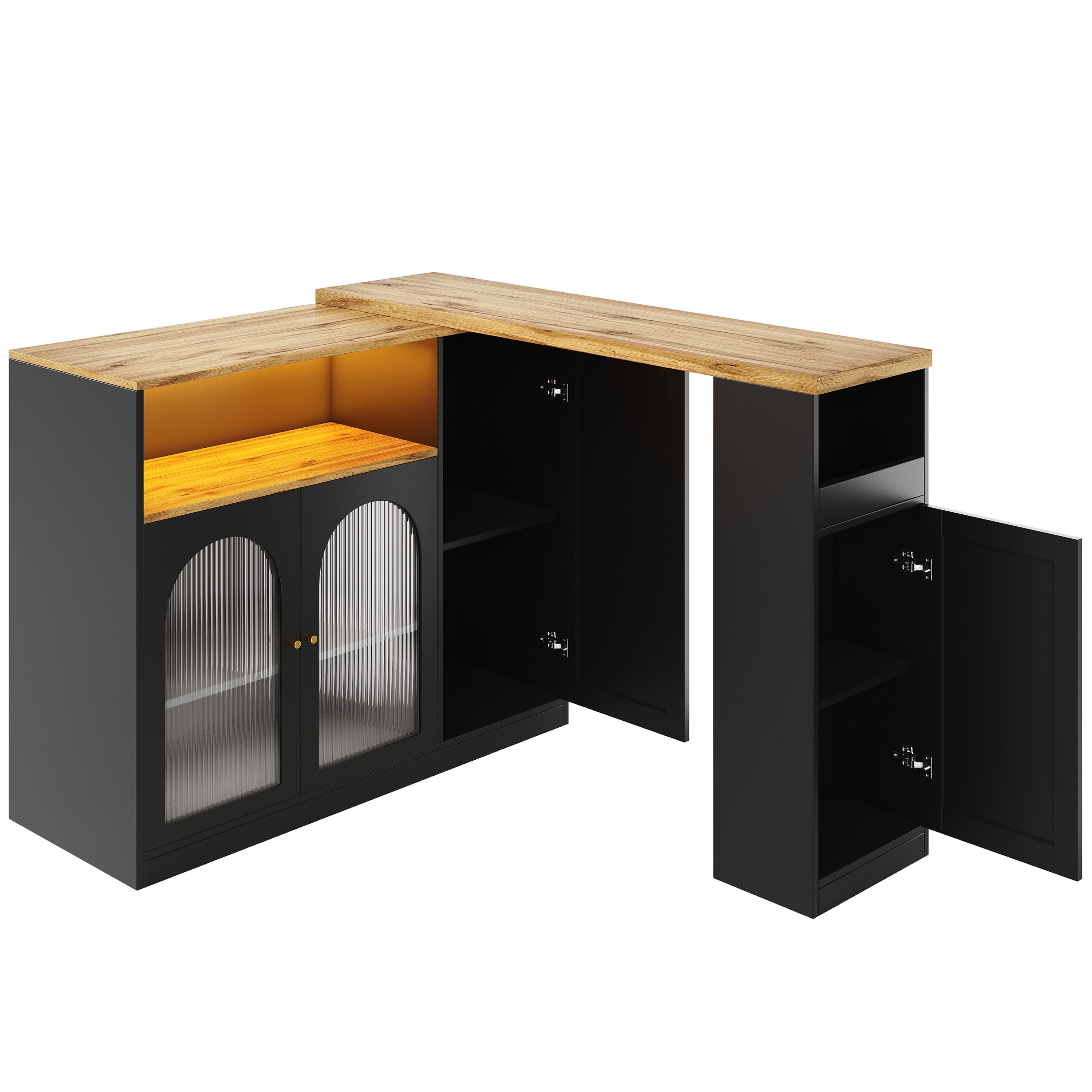 Flieks Bartisch Breite 120-197 cm Tischplatte schwarz (Set, 2-St., mit LED-Lichtleisten, 360° Drehung), ausziehbar Stehtisch drehbar Sideboard Esstisch mit Stauraum Anricht