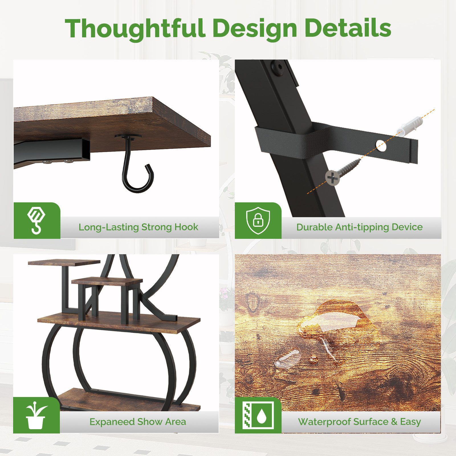 VINGLI Flower Stand Plant Stand with LED Grow Lights, 10-Tier Plant Shelf, Made of Wood and Metal, Stable and Space-Saving, 155*80*26cm
