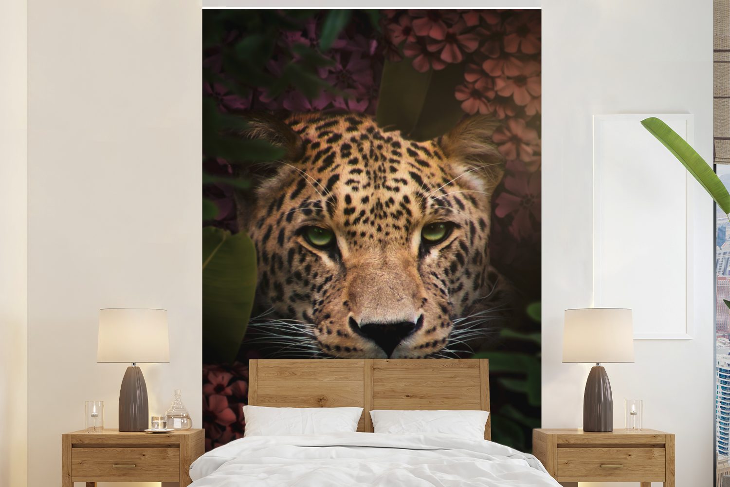 MuchoWow Fototapete Panther - Dschungel - Pflanzen - Blumen, Matt, bedruckt, (3 St), Montagefertig Vinyl Tapete für Wohnzimmer, Wandtapete