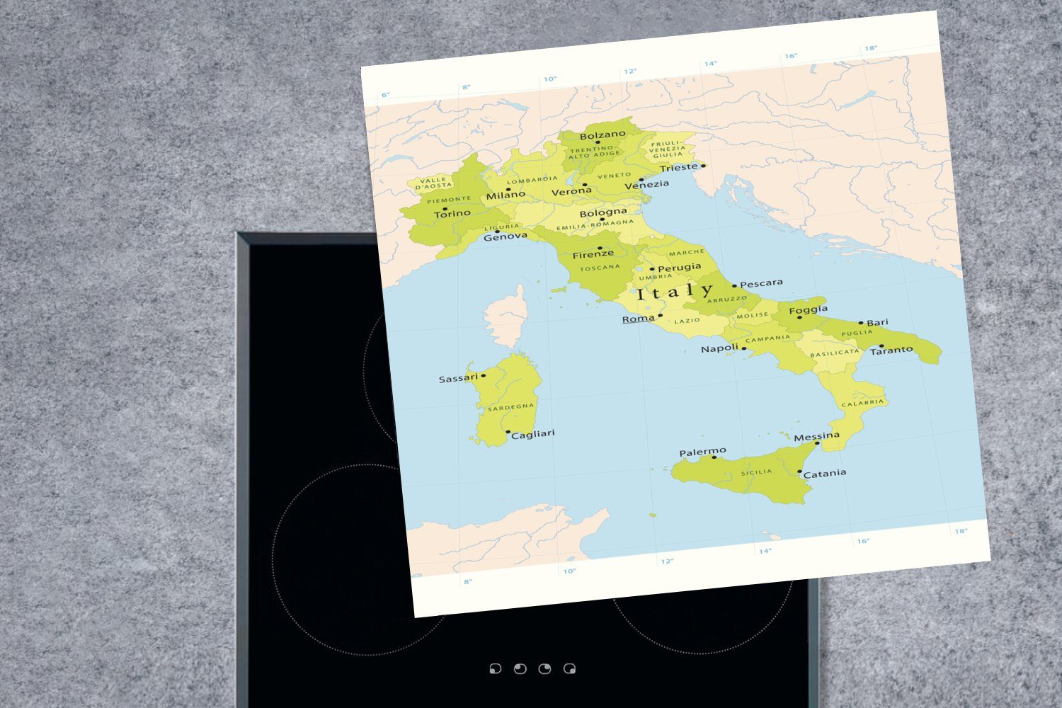 für Italien, Herdblende-/Abdeckplatte küche Vinyl, (1 78x78 MuchoWow Karte Arbeitsplatte tlg), Grüne cm, von Ceranfeldabdeckung,