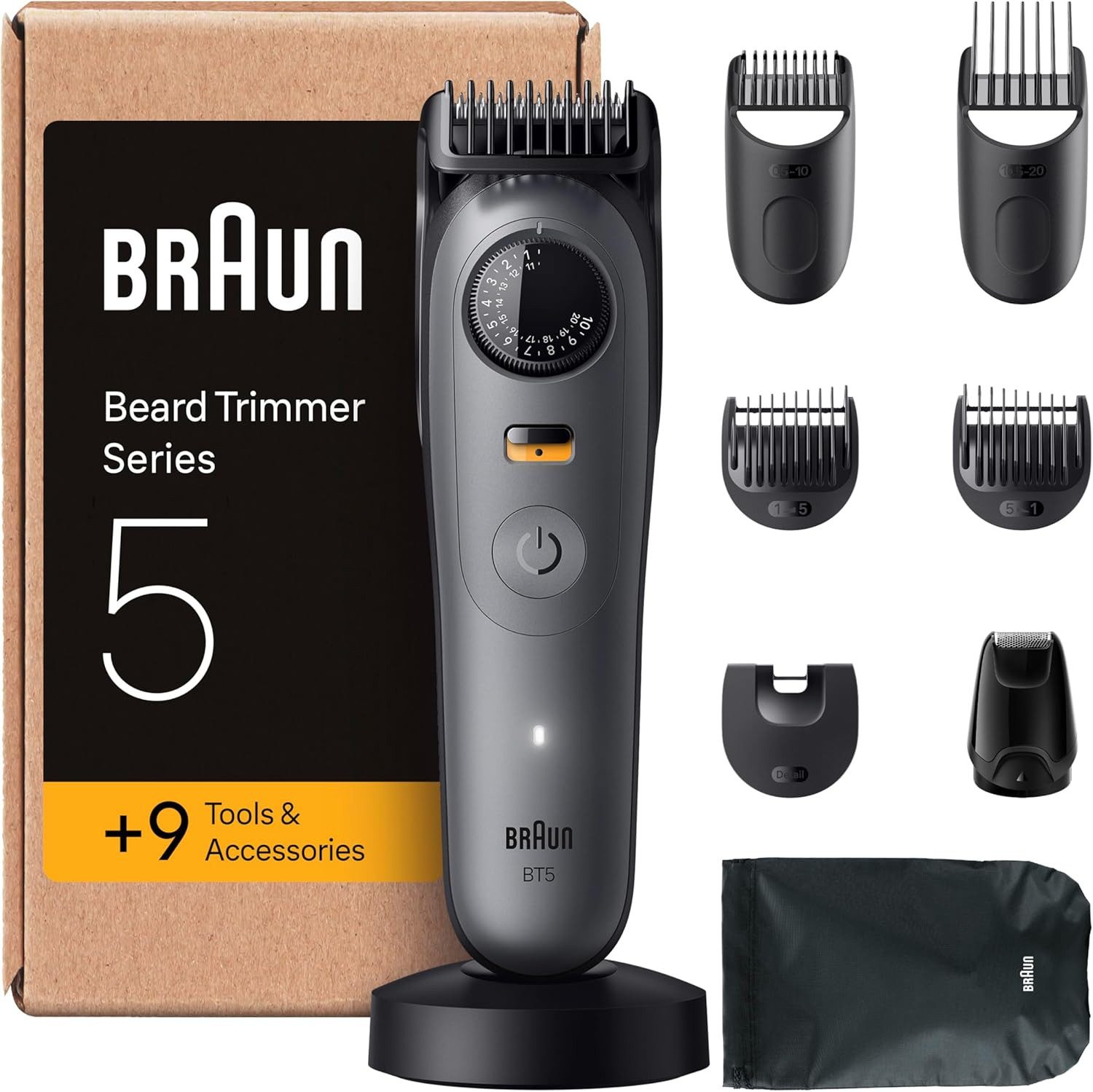 Braun Haar- und Bartschneider Braun Barttrimmer Series 5, Elektrischer Bartschneider BT5565, mit 9 Zubehörteile, Ultrascharfe ProBlade Klinge, 120 Min Akkulaufzeit, Kabelloser Bartrasierer, 40 Längen