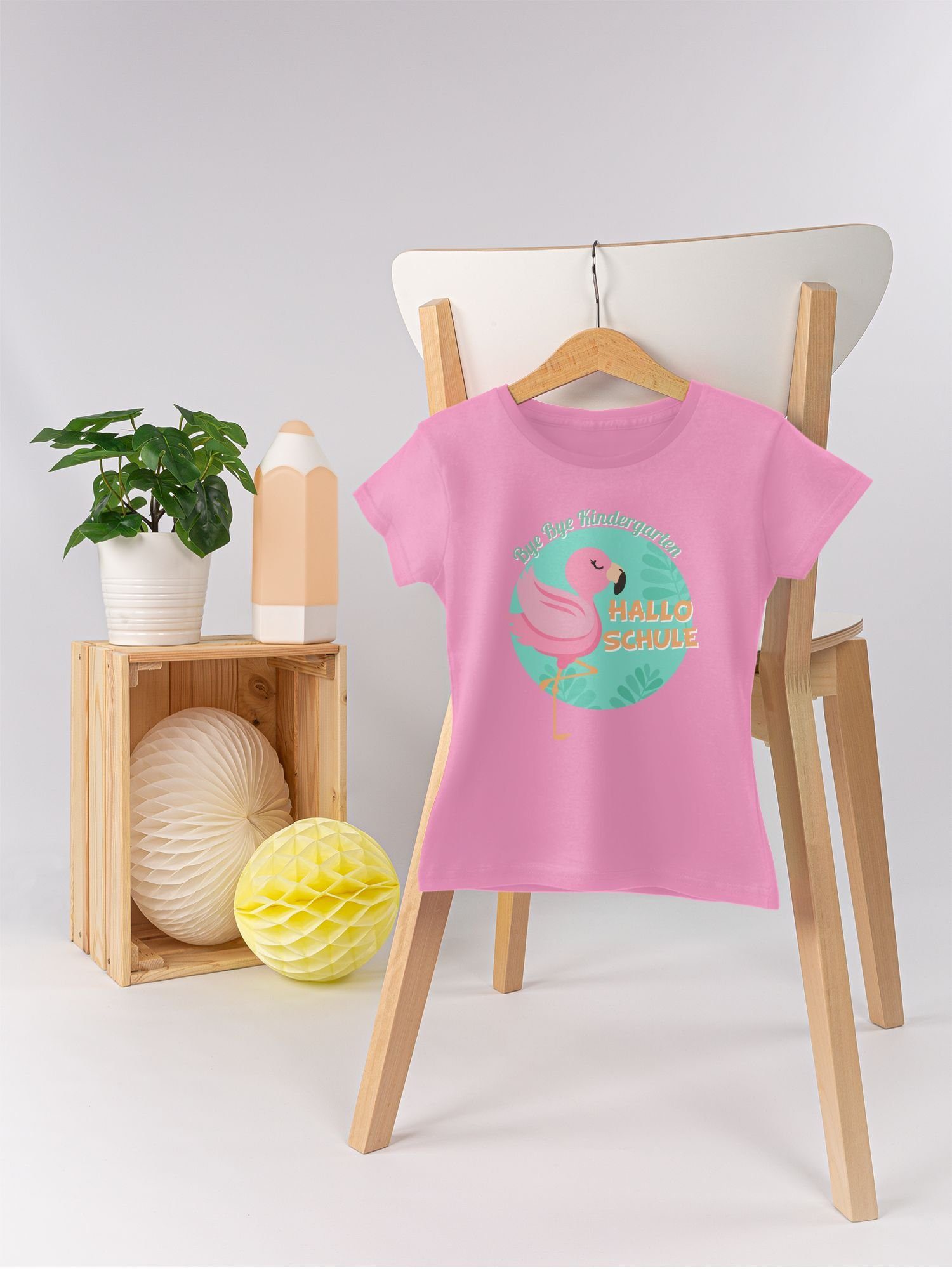 Shirtracer T-Shirt 2 Bye Hallo Bye Rosa Flamingo Kindergarten Mädchen Schule Einschulung
