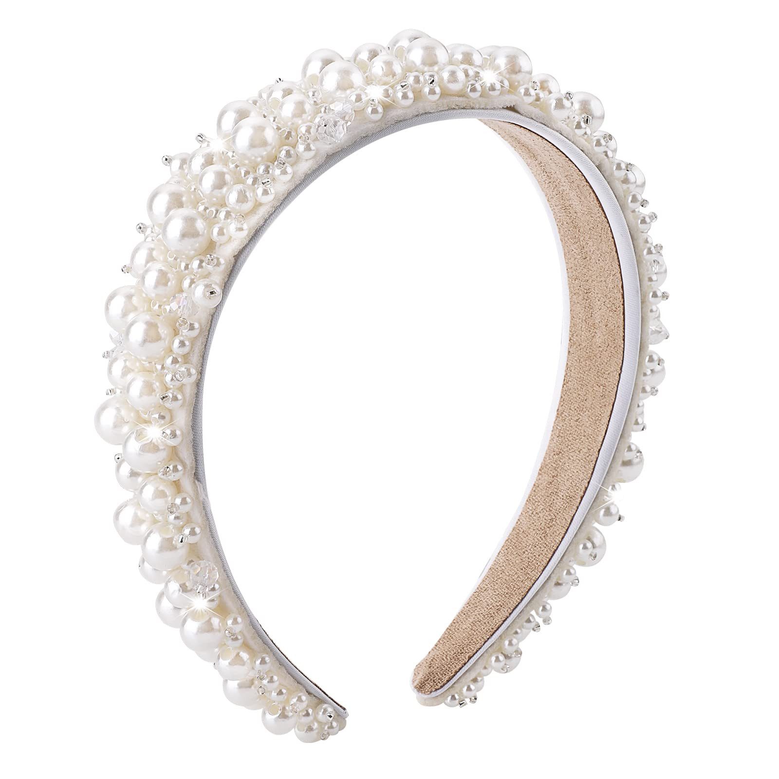 nsihing Haarband Perlen Haarreifen Damen, Breites Haarband mit weißen Perlen, Eleganter, Retro Haarschmuck für Braut Hochzeit, Damen Mädchen Haaraccessoire