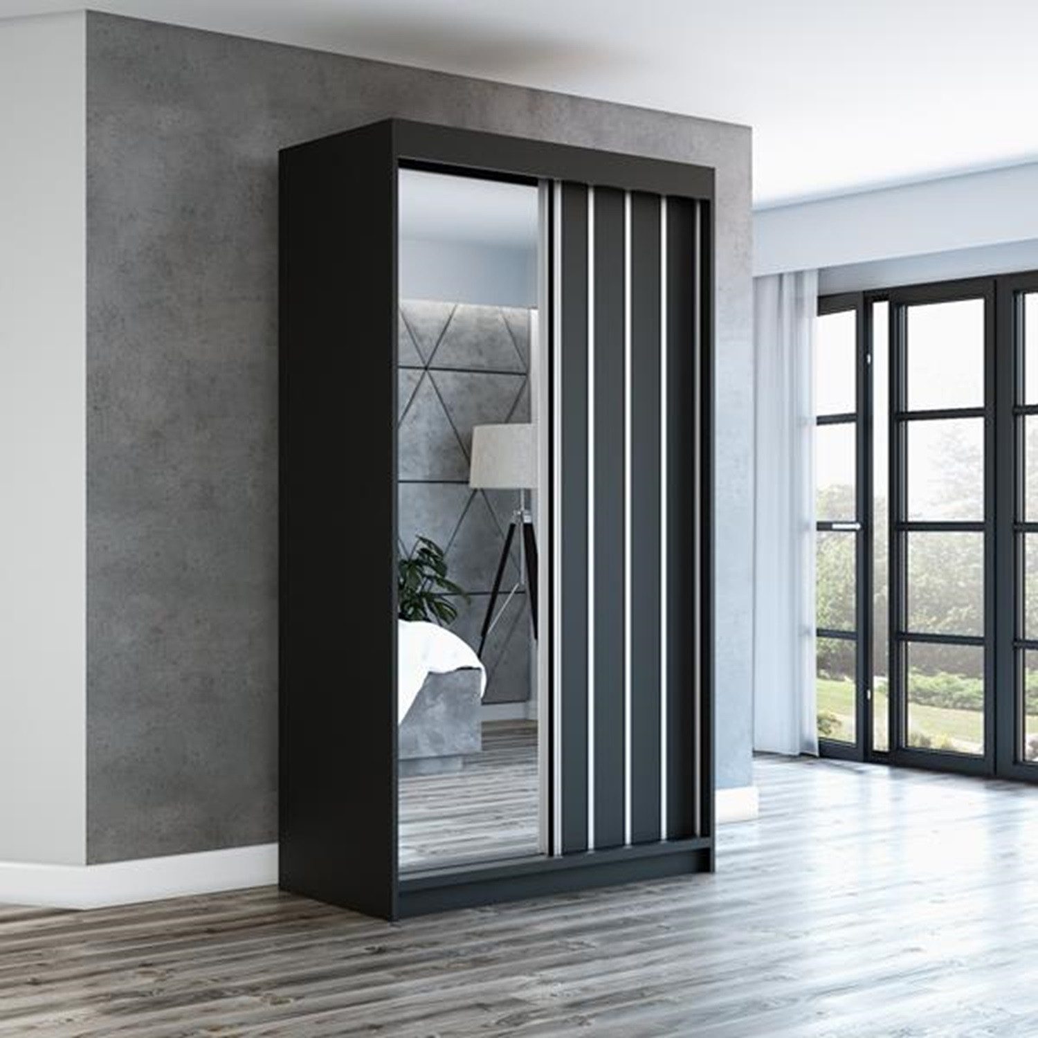 A&J MöbelLand GmbH Schiebetürenschrank VIGO mit Spiegel. (nur für kurze Zeit! TOP ANGEBOT! Geräumiger Schrank mit viel Stauraum:6 Regalen und 1 Kleiderstange – -ideal zur Aufbewahrung von Kleidung und Accessoires. TOP PRODUKT! Farbe und Größe (120 cm, 160 cm, 180 cm) zur Auswahl -wählen Sie das ideale Modell für Ihr Schlafzimmer!, Kleiderschrank mit Regalen) Breite: 120 cm, 160 cm, 180 cm, Höhe: 215 cm, Tiefe: 59,5 cm