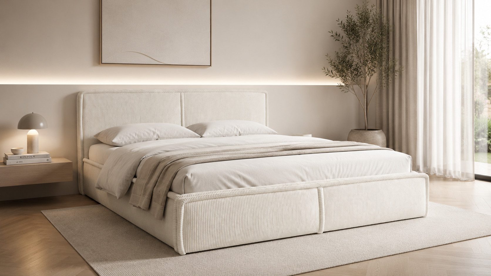 MOEBLO Polsterbett BETT 04 (Bezug: aus Cord, Doppelbett mit Kopfstütze, Rahmenbettgestell 180x200, mit Bettkasten und Lattenrost), mit Bettkasten