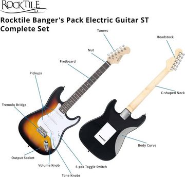 Rocktile E-Gitarre Banger's Pack Komplettset E-Gitarre Sunburst, Verstärker, Tremolo, Tasche, Kabel Gurt, Plecs Ersatzsaiten mit CD/DVD
