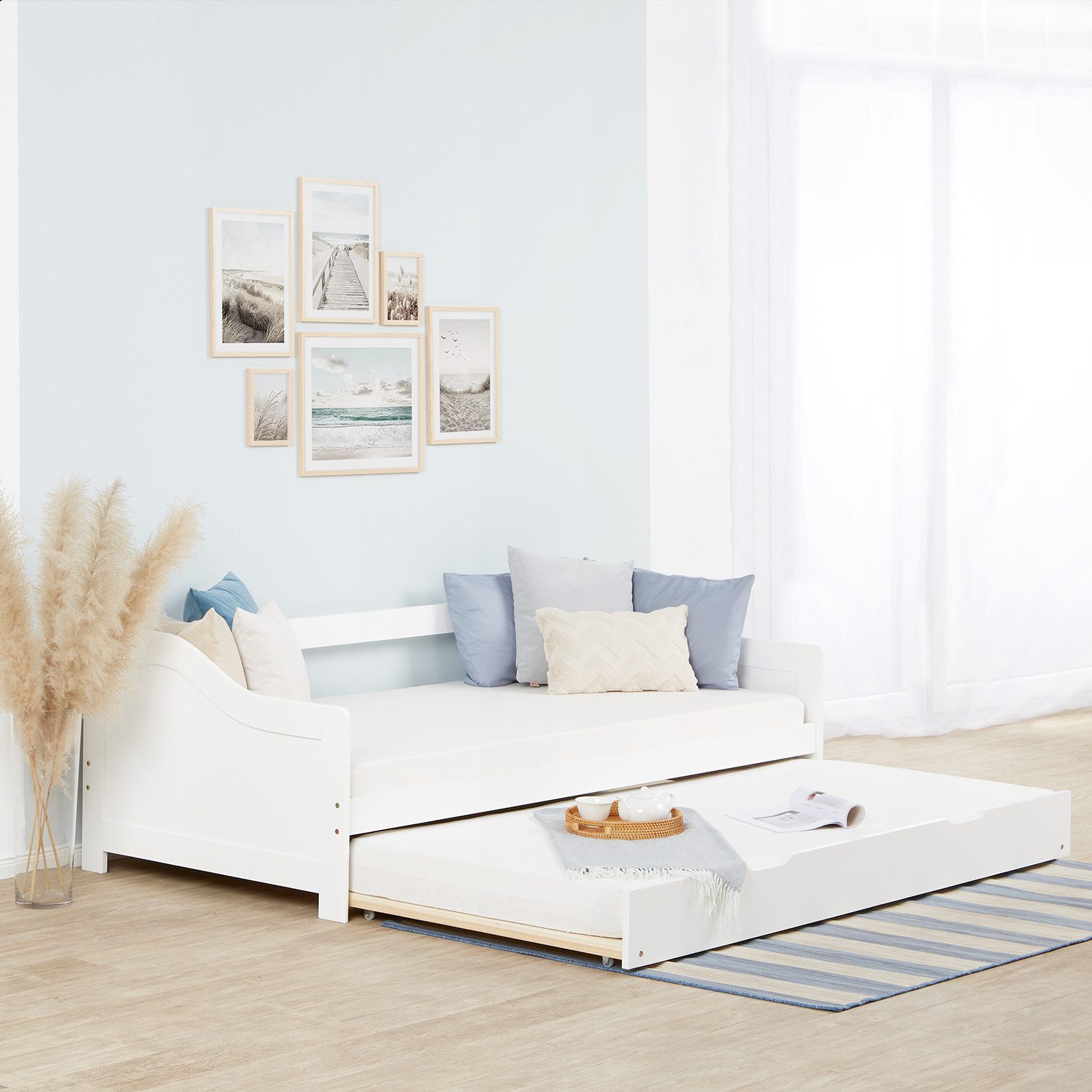 Homestyle4u Holzbett 90x200 Gästebett Ausziehbett 2 Liegeflächen Holz Funktionsbett (Set, mit 2x Lattenrost, mit Bettkasten / Schublade, ausziehbar), 2x 90x200, 2 Personen/Kinder, Stauraumbett