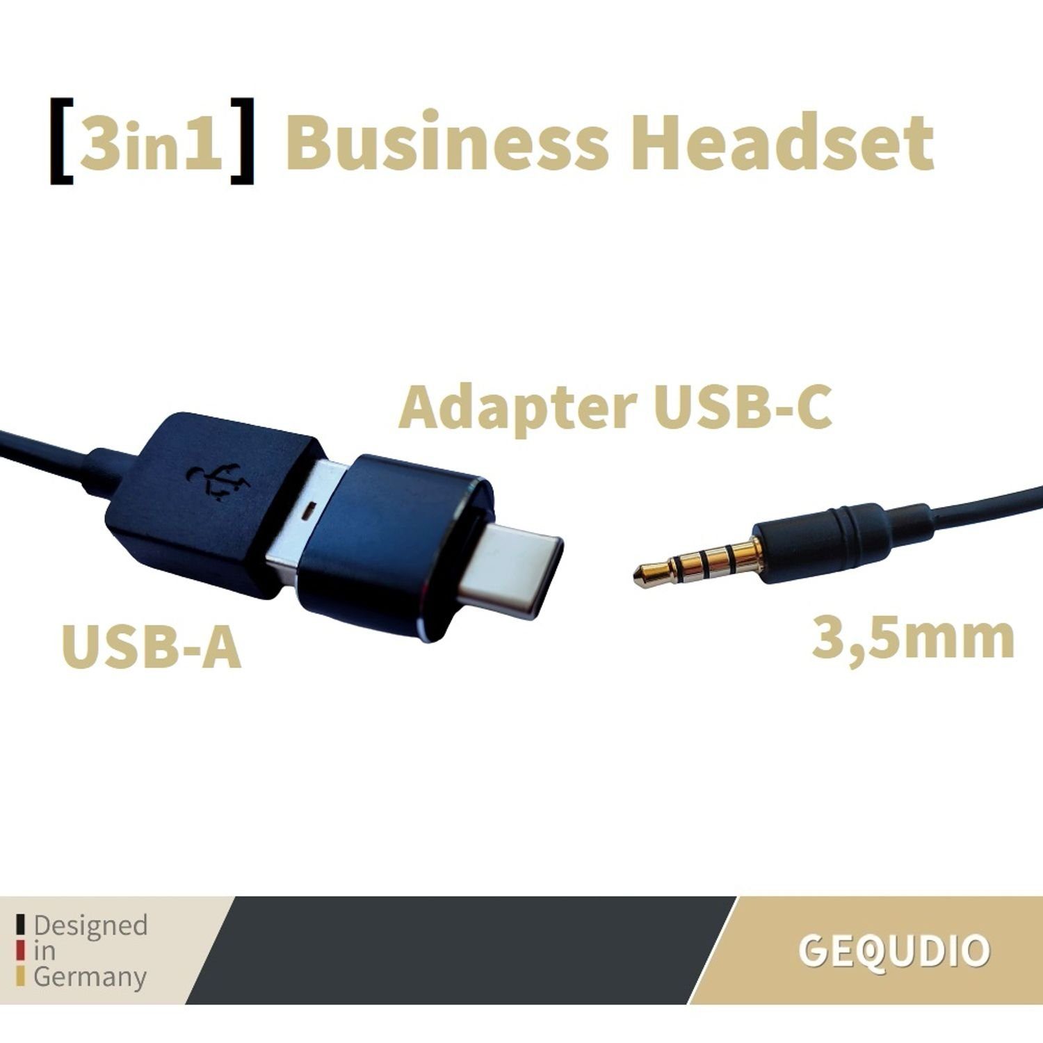 Endgeräte, Mac und Adapter für leicht, GEQUDIO Smartphone Headset mit inklusive Federstahl, PC, für und mehrere USB-A, aus USB-C (2-Ohr-Headset, Wechselverschluss 80g Anschlusskabel) Bügel mit Klinke 3,5mm