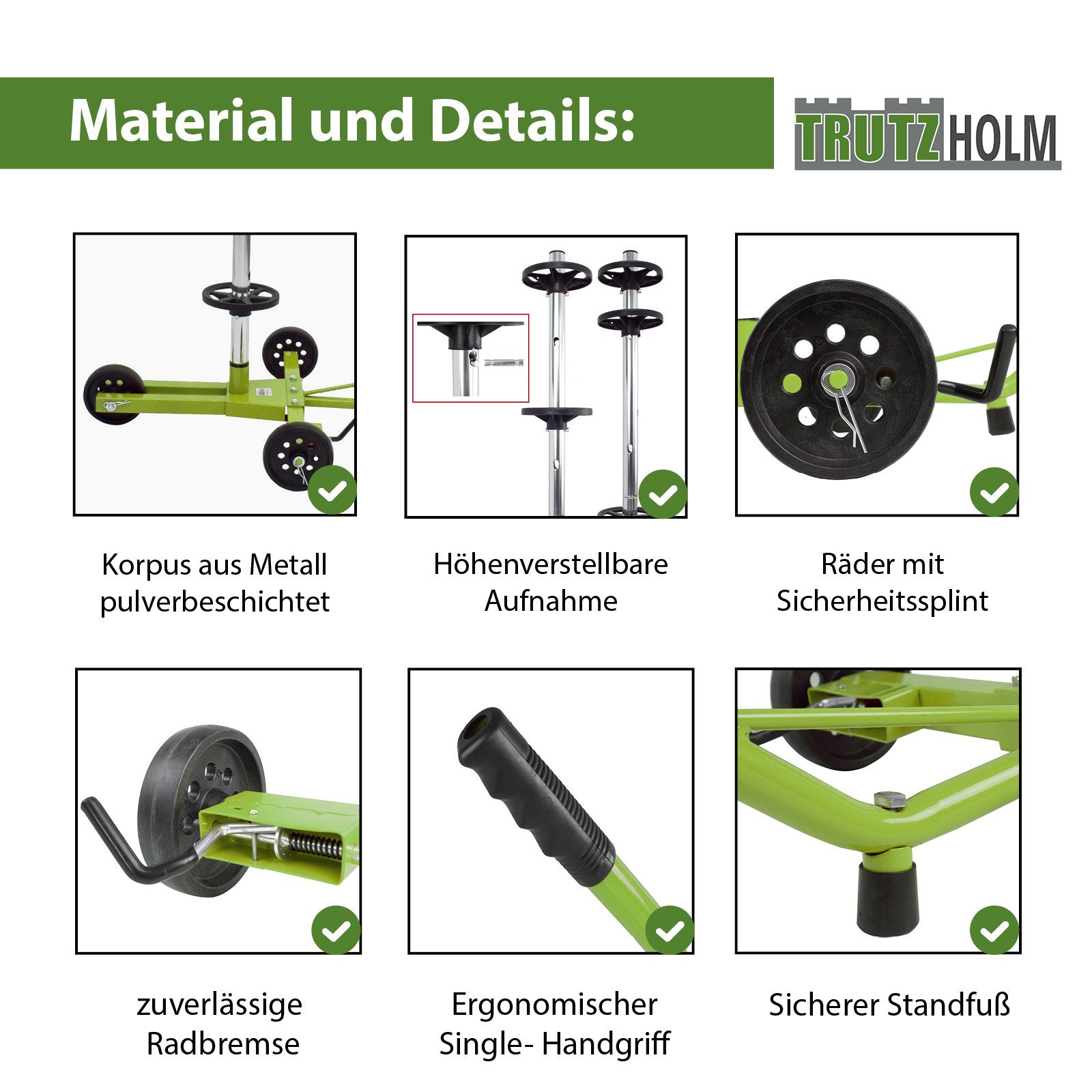 TRUTZHOLM Wheeled Tire Rack Trolley, Single Handle, Tire Stand, Car Tire Cart, Rim Stand for Cars, for 4 Tires, up to 720 mm Tire Width, 1 Piece, Space-Saving