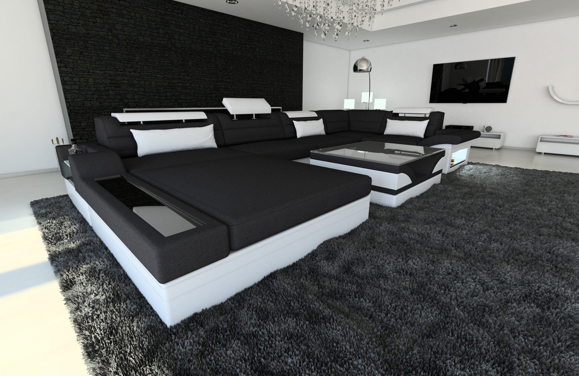 Sofa Dreams Wohnlandschaft Couch Sofa Stoff Mezzo U Form Stoffsofa, mit LED, wahlweise mit Bettfunktion als Schlafsofa, Designersofa