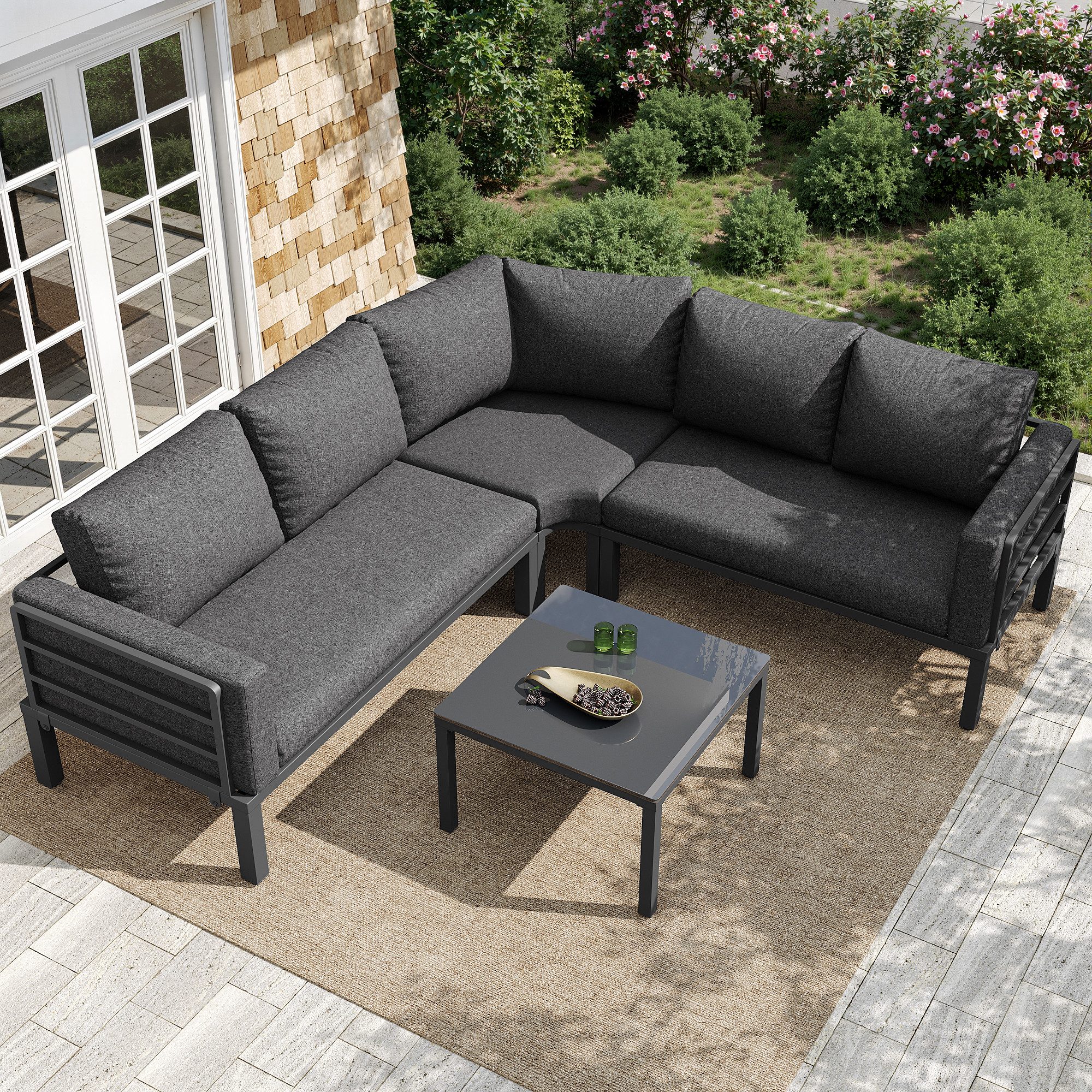 Luckice Gartensofa Gartenmöbel-Set (4-5 Sitzplätze),1 Couchtisch aus gehärtetem Glas, verzinkter Eisenrahmen, bequeme Gartenmöbel, graue Sitzpolster und Kissen, mit verstellbaren Beinen