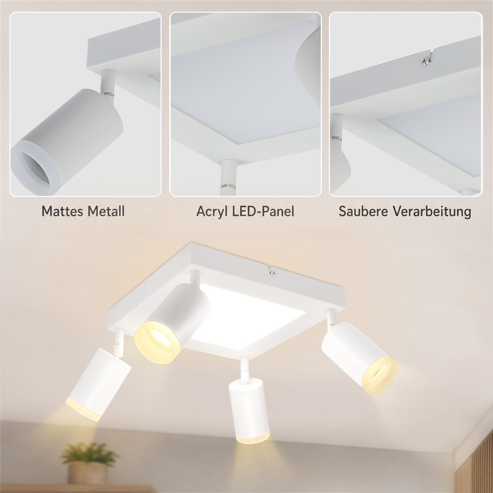 ZMH Deckenstrahler 4 Flammig Quadratisch/Rund 20W Deckenleuchte 3000K GU10 Wohnzimmer, Einfache Installation, LED fest integriert, ohne Leuchtmittel, Warmweiß, Weiß Schwenkbar 350° Moderne Schlafzimmerlampe