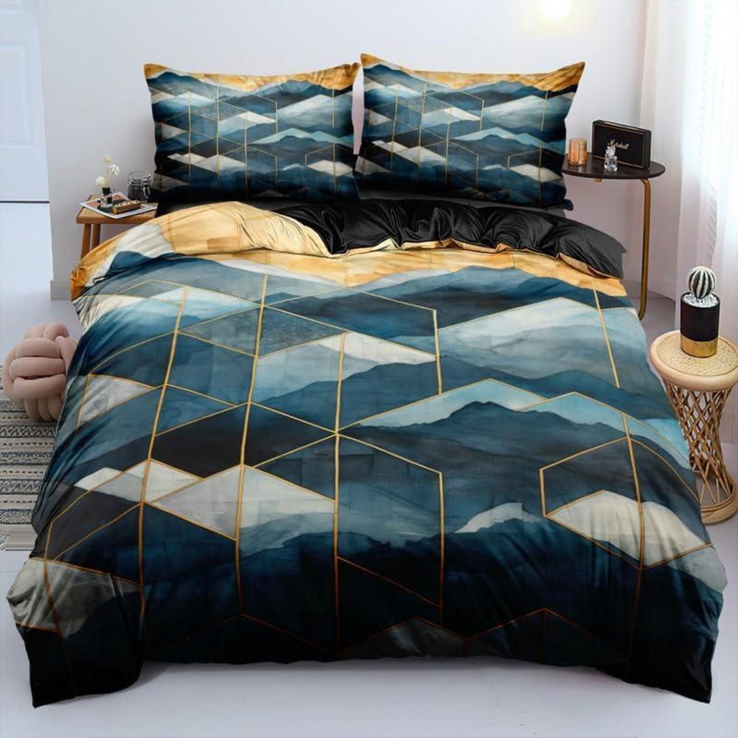 LuxusKollektion Wendebettwäsche Bettwäsche 3D Marmor Dunkelblau Gold 135x200